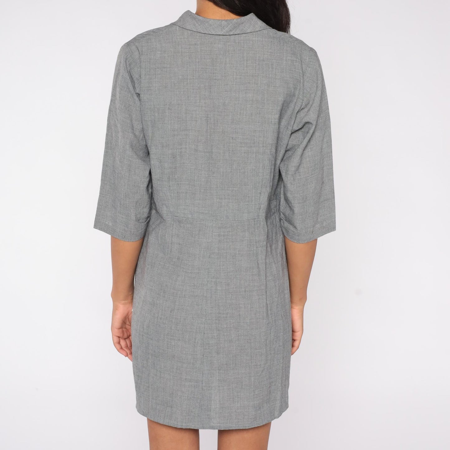 1950s Grey Shirt Dress Button-Front Collar A-Line Knee-Length Large L