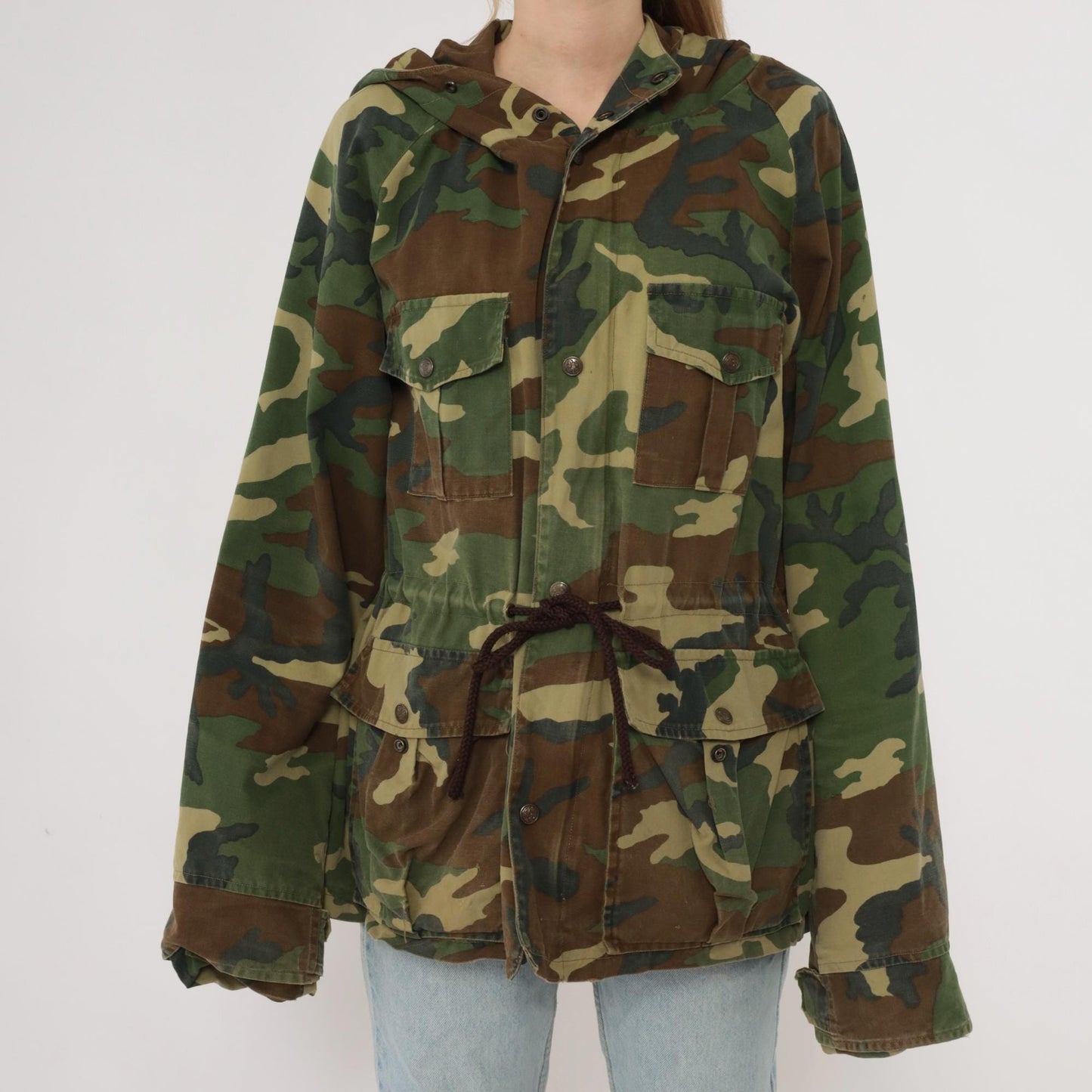 90s Black Sheep Woodland Camo Hooded Jacket Olive Green Cotton Large