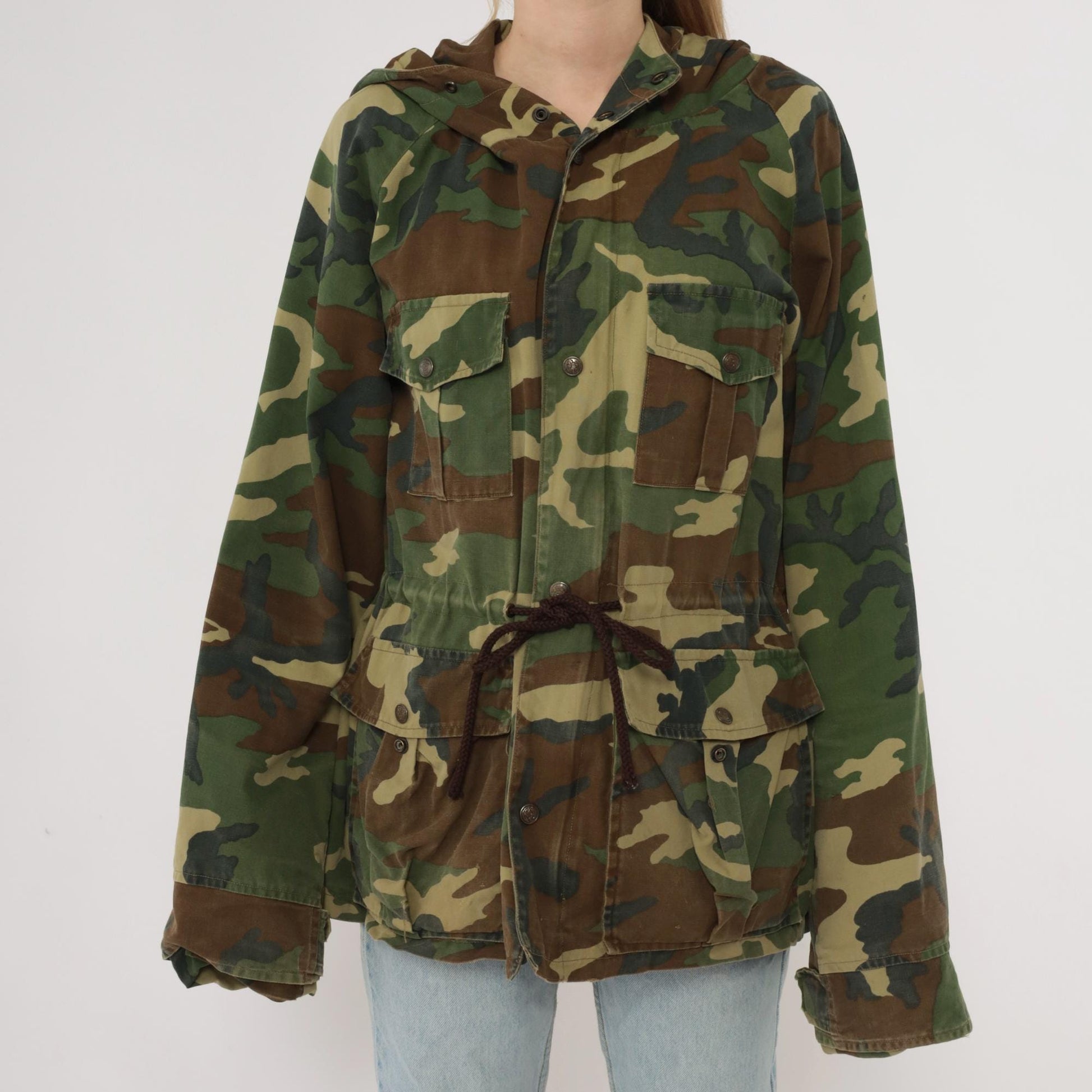 90s Black Sheep Woodland Camo Hooded Jacket Olive Green Cotton Large