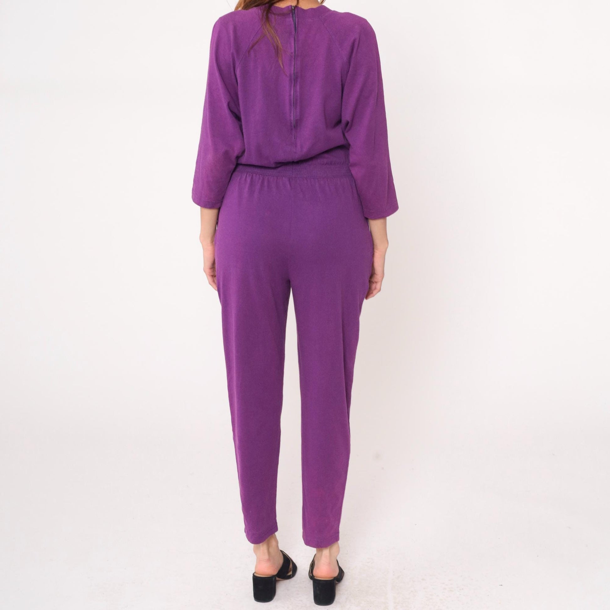 90s Purple Jumpsuit Cotton Raglan Crew Neck Tapered Ankle Medium M