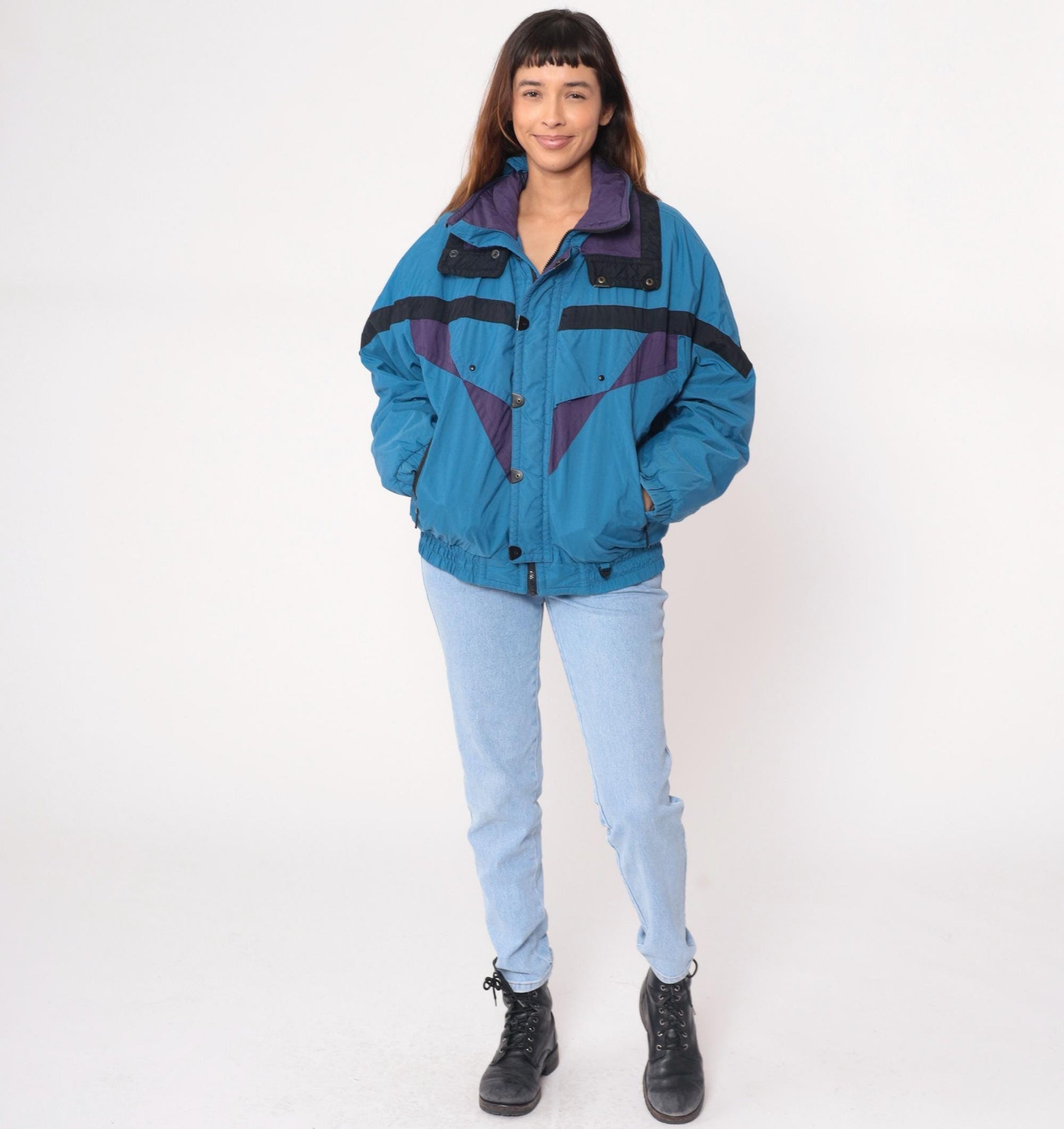 90s Skitique Colorblock Ski Jacket Light Blue Black Purple Hooded Puffer Medium