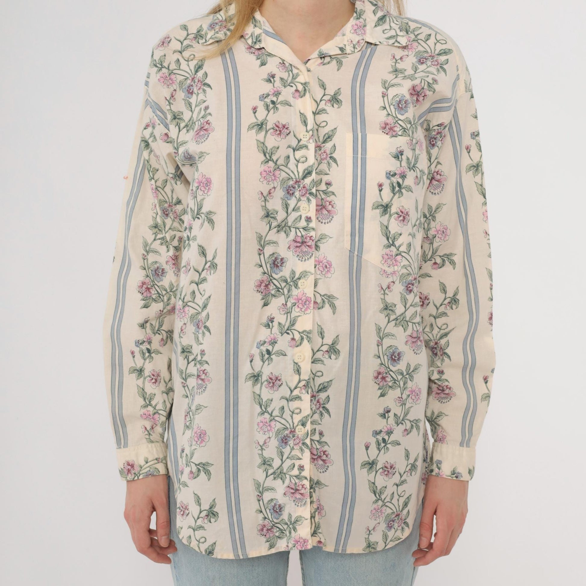 90s Pure Love Take Away Floral Button Up Shirt Cream Small S