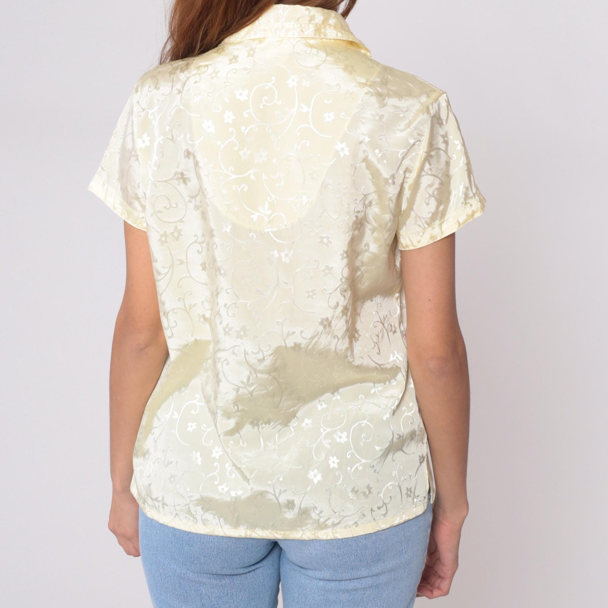 90s Cinema Etoile Cream Floral Button Blouse Short Sleeve Medium M