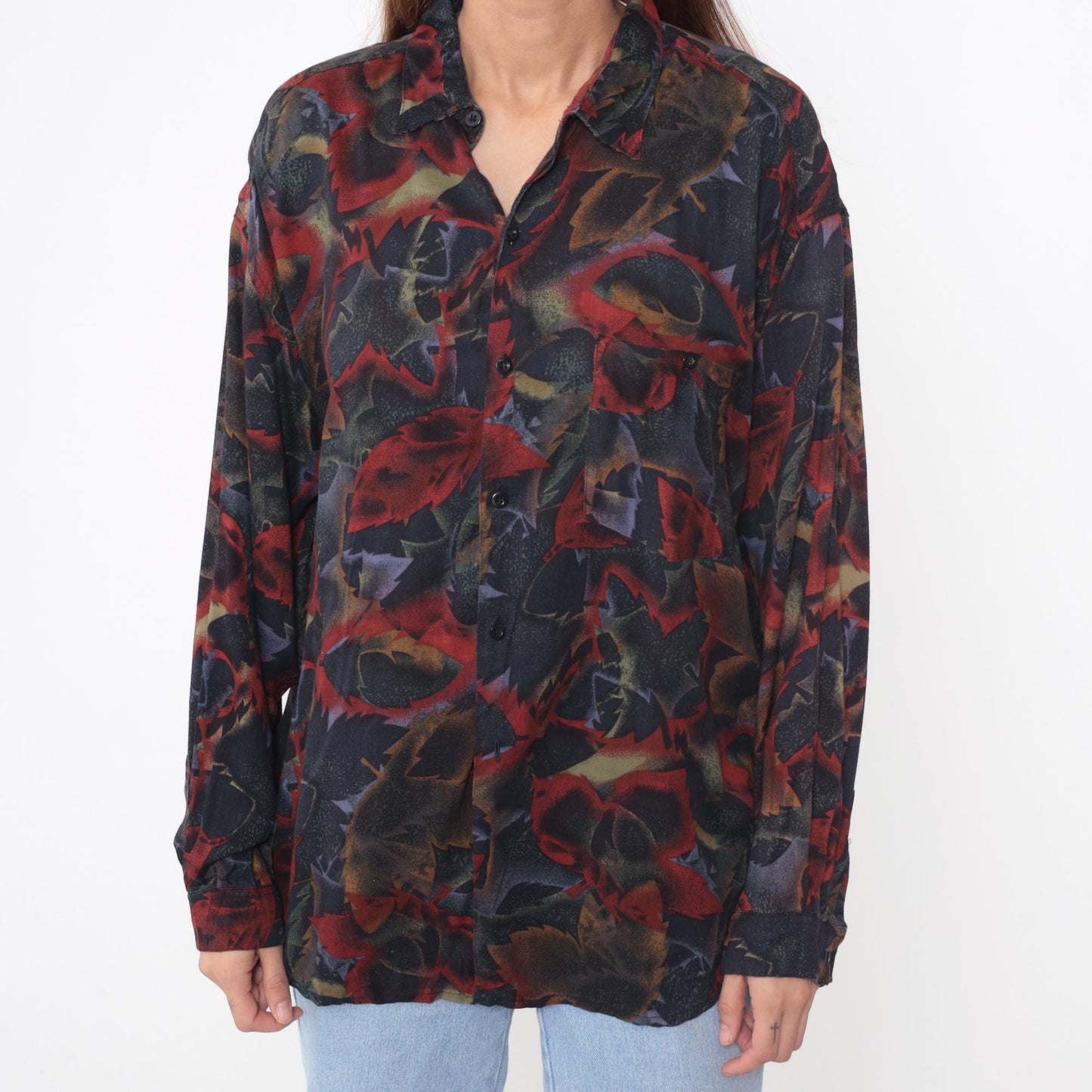 90s Jazzman Sportswear Leaf Print Button-Up Blouse Long Sleeve Multicolor Extra Large XXL