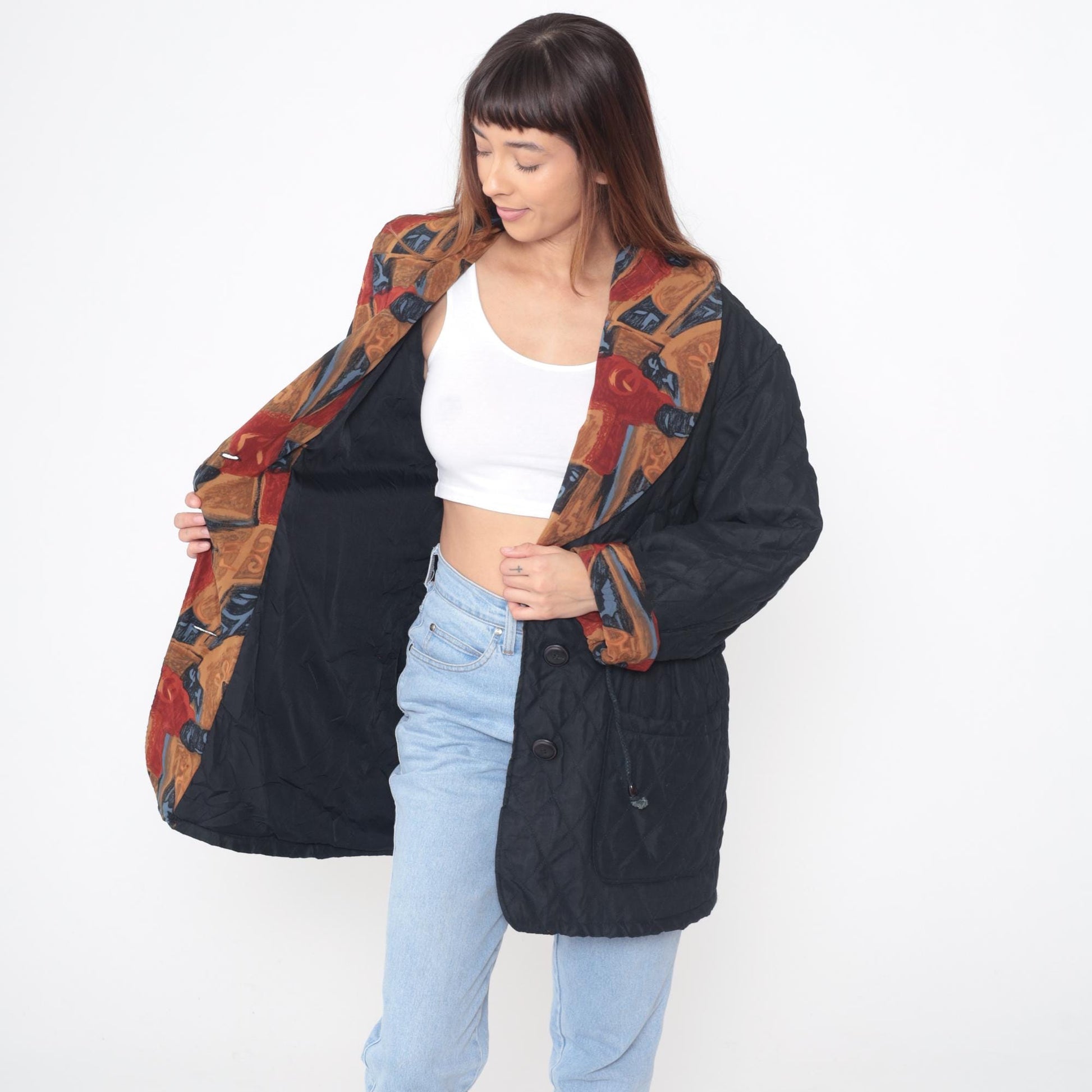 90s Quilted Jacket Black Button Front Geometric Print Collar Lining Large