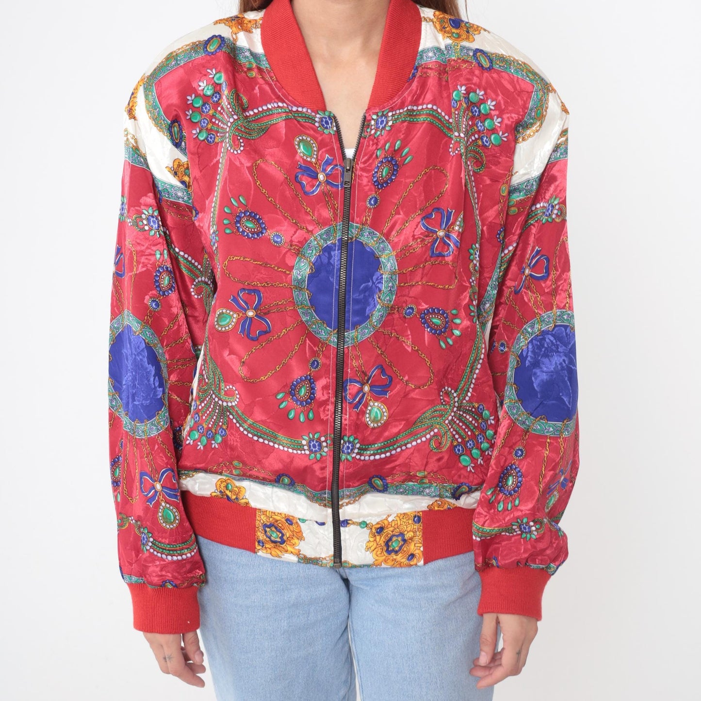 90s Red Bomber Jacket Medallion Paisley Print Windbreaker Large L