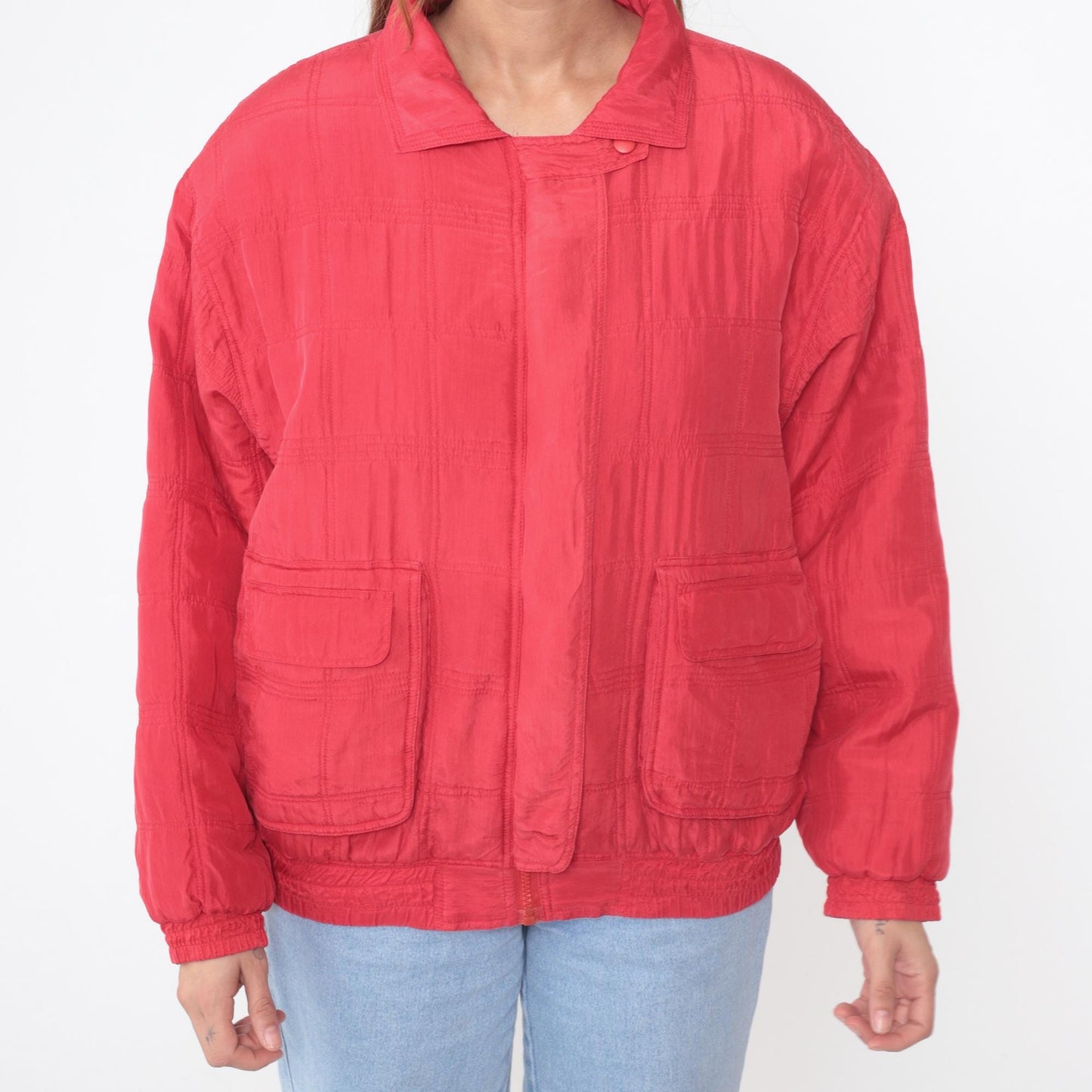 90s Javon Red Silk Bomber Jacket Quilted Zip Front Medium M