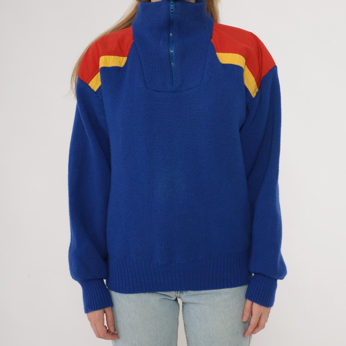 80s Slalom Colorblock Half Zip Wool Sweater Blue Red Yellow Men's Small