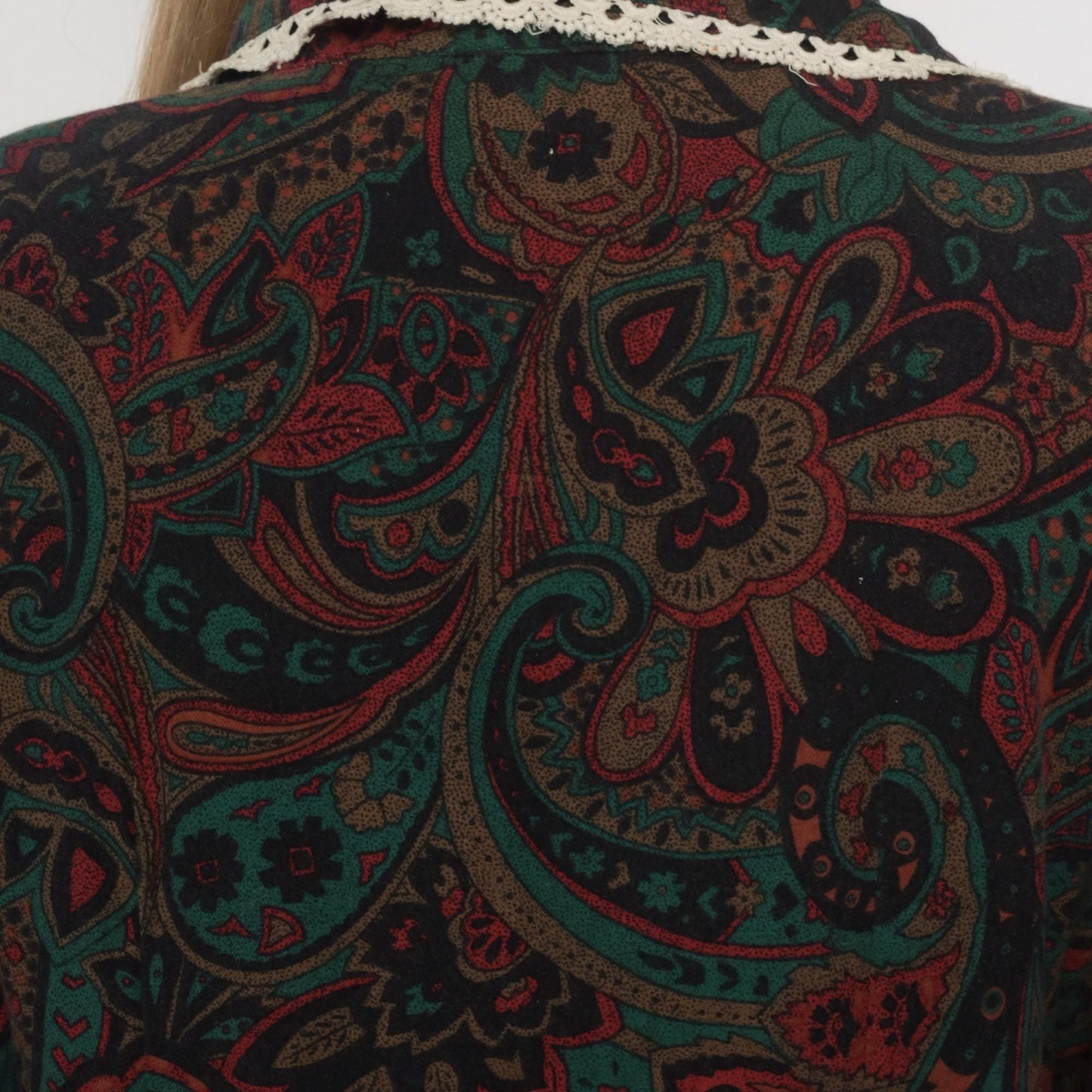 70s Paisley Dress Burgundy Green Brown Crochet Collar Knee Length Medium