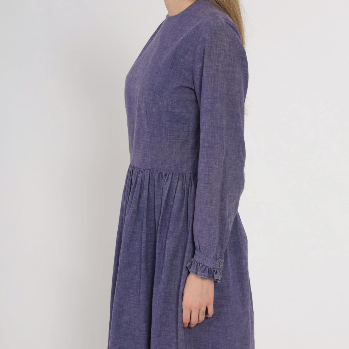60s Purple Midi Dress Long Sleeve Gathered Waist A-Line Crew Neck Medium M