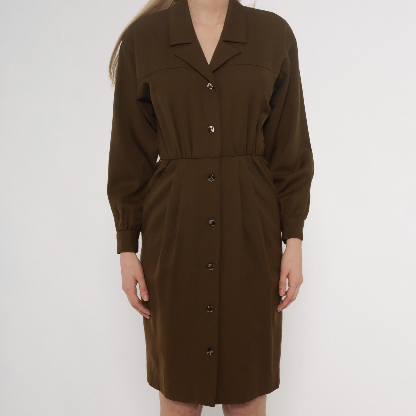80s Bill Geoffreys Wool Shirt Dress Olive Brown Knee Length XS