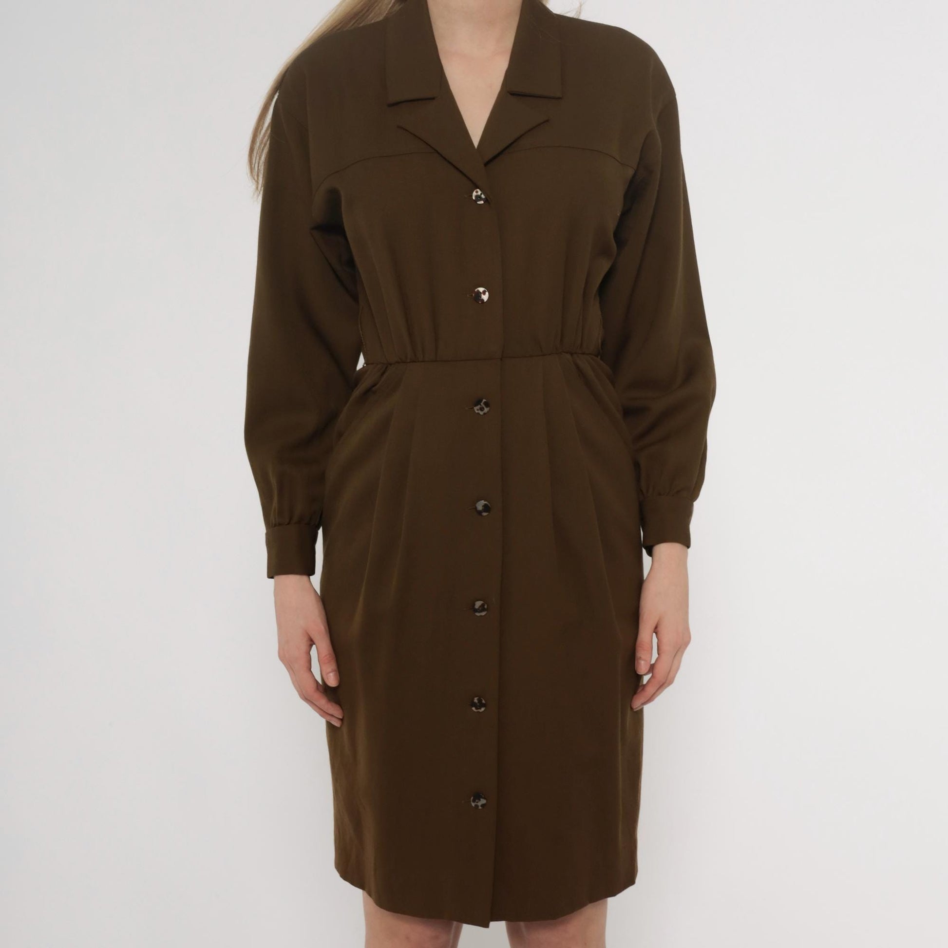 80s Bill Geoffreys Wool Shirt Dress Olive Brown Knee Length XS