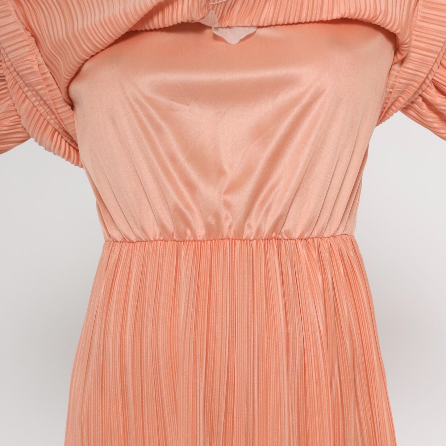 80s Carriage Court Peach Rhinestone Midi Dress Long Sleeve Pleated Large