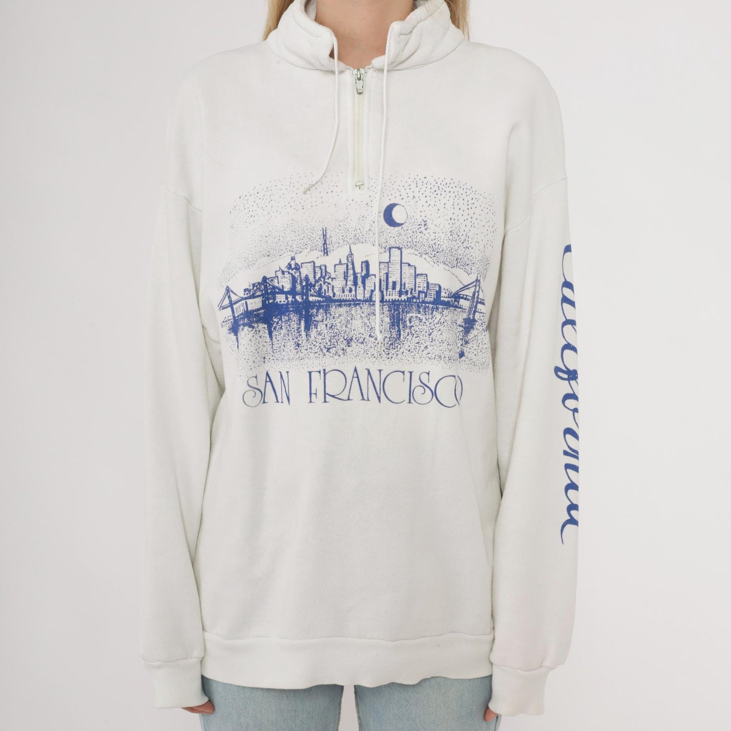 90s San Francisco Skyline Quarter-Zip Sweatshirt Cream Cotton Moon Bridge Medium