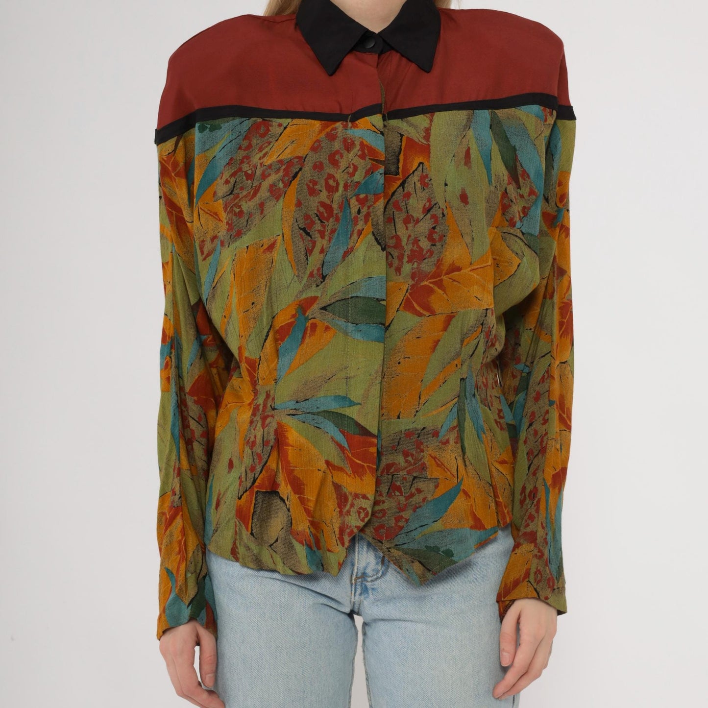 90s Colorblock Leaf Print Button-Up Shirt Rust Olive Yellow Medium