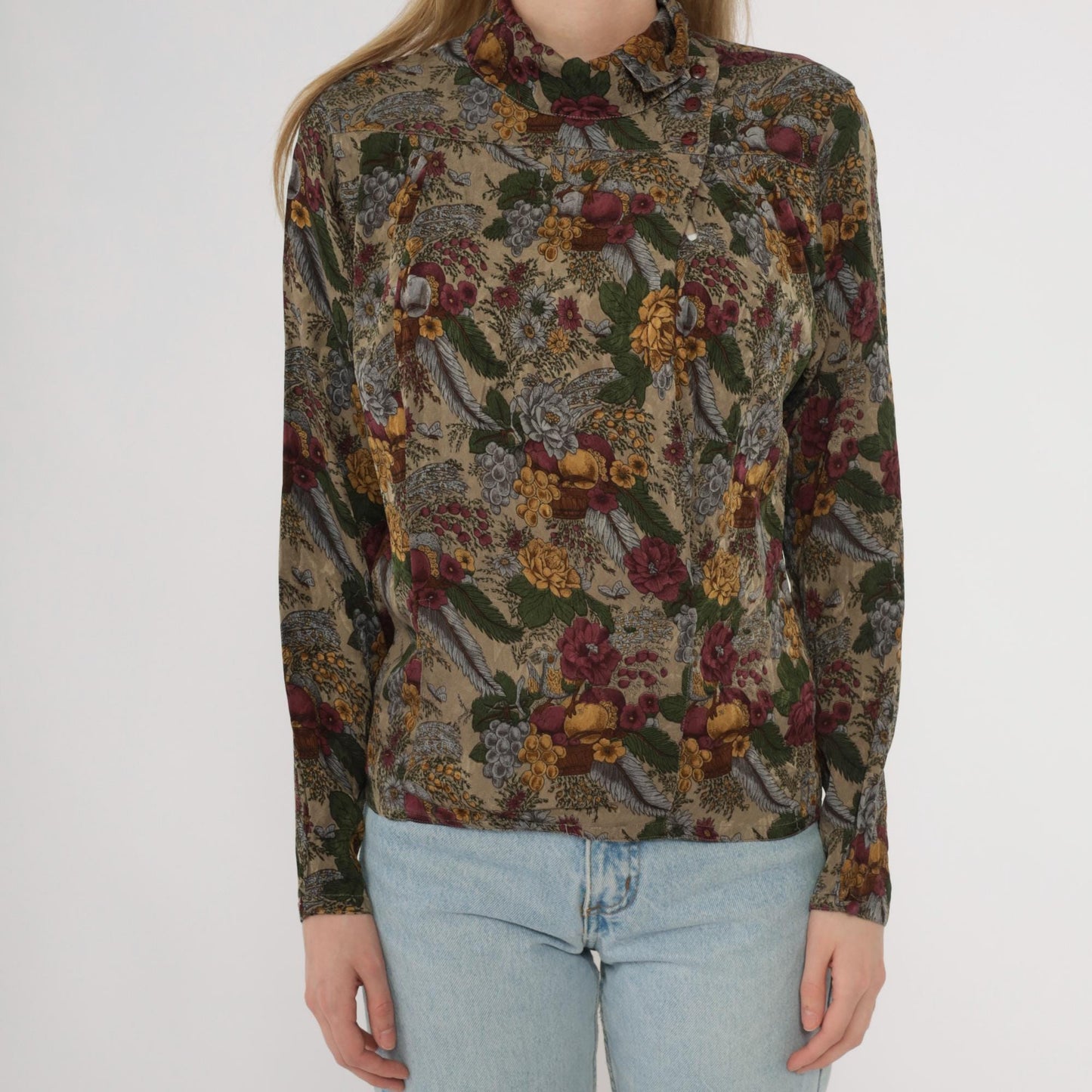 80s Michii Moon Silk Blouse Botanical Grape Print Burgundy Olive Medium
