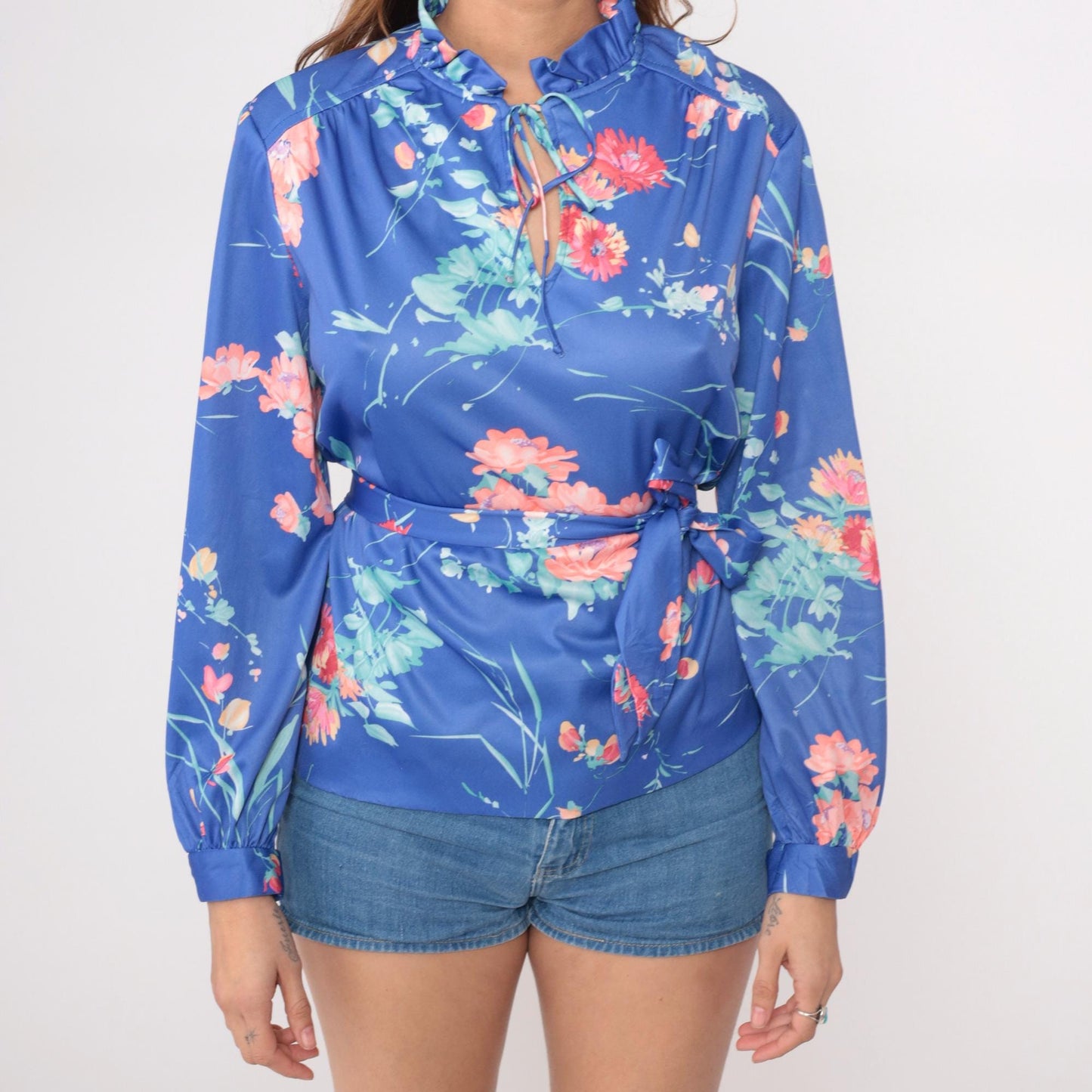 70s Blue Floral Blouse Ruffle Neck Tie Closure Long Sleeve Belted Medium