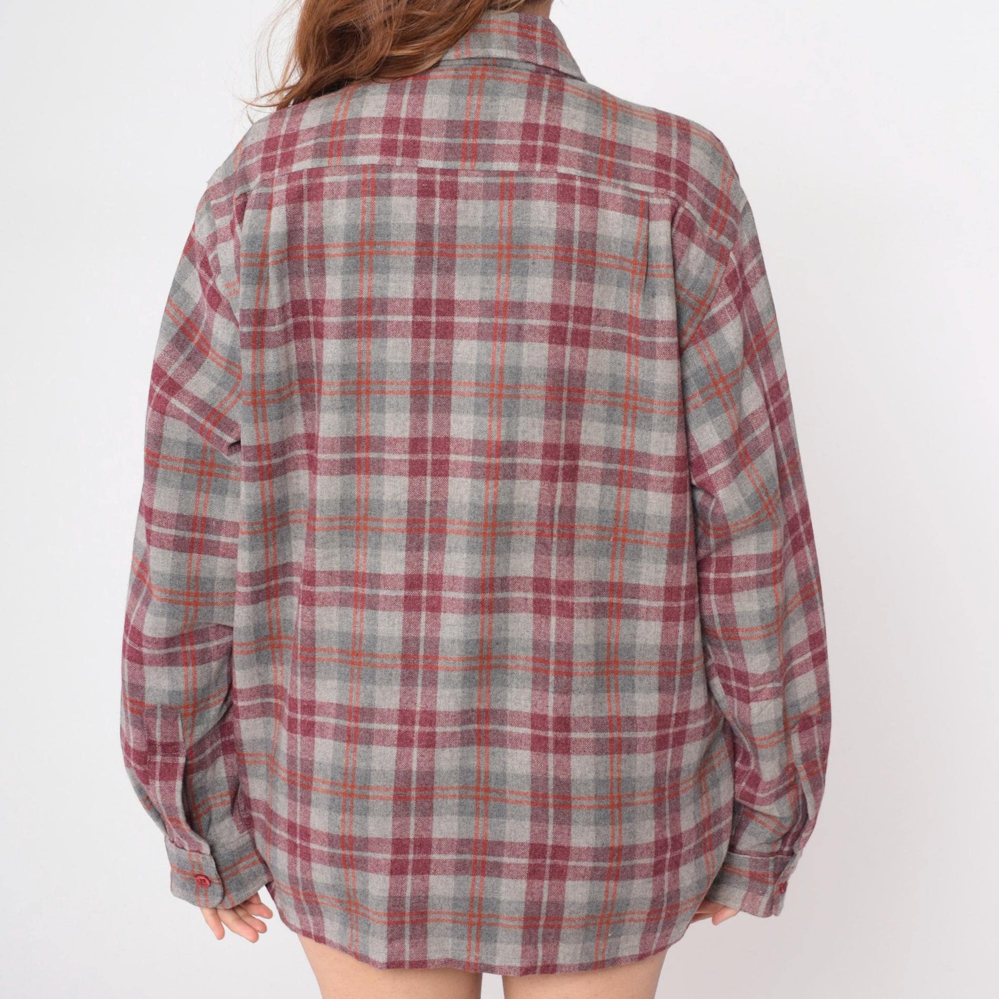 70s Royal Knight Wool Plaid Flannel Shirt Burgundy Grey Chest Pockets Extra Large