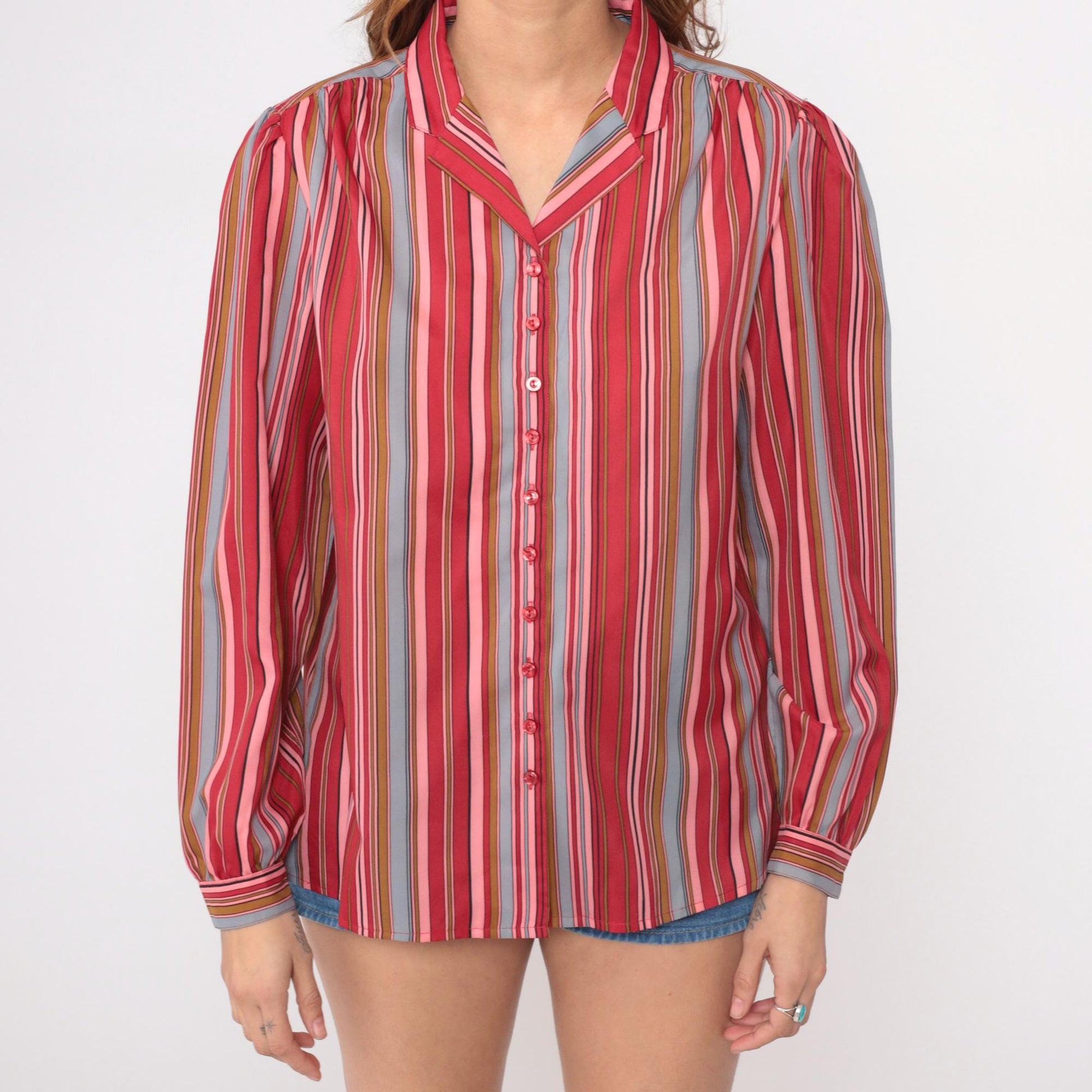 70s Pykettes Striped Button-Front Blouse Multicolor Vertical Stripes Large L