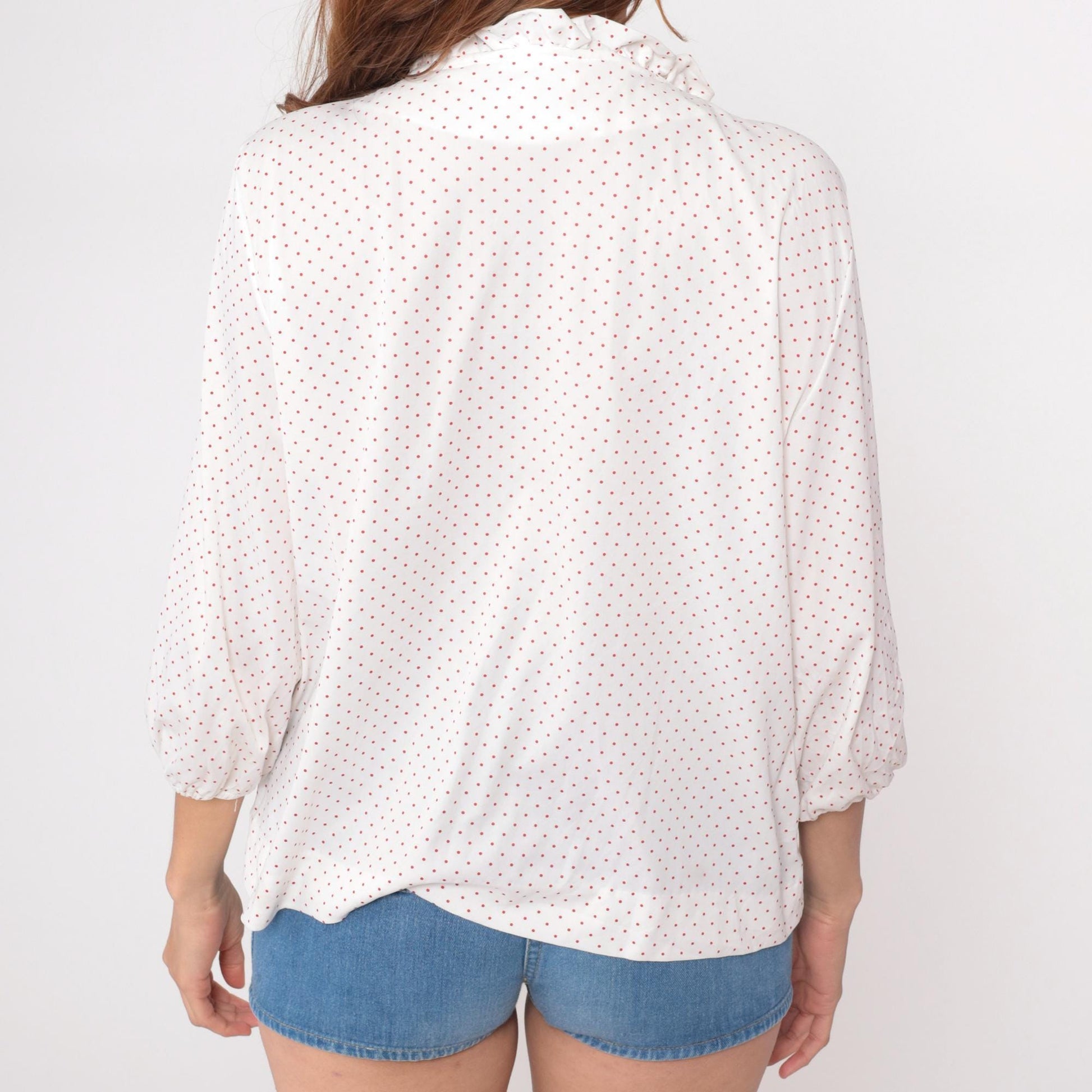 70s White Red Polka Dot Blouse Tie Front Puff Sleeve Large L
