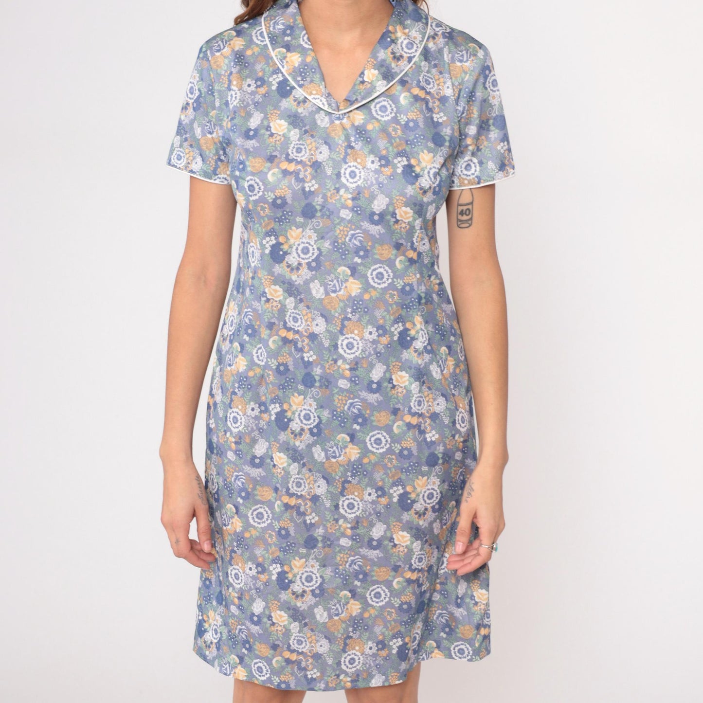70s Floral Day Dress Blue Knee-Length Button Front Collared Botanical Print Medium