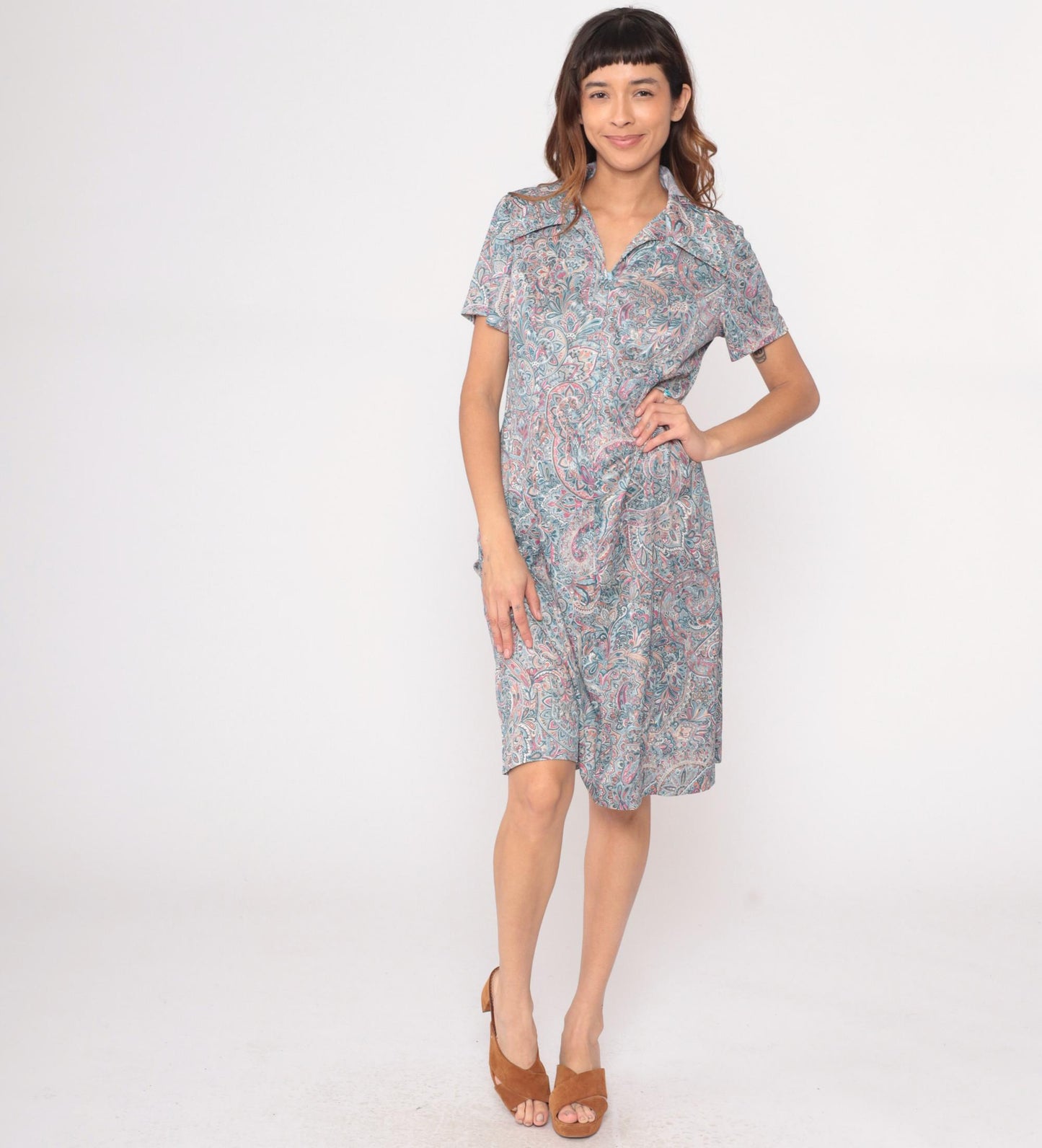 70s Paisley Zipper Front Dress Collared A-Line Blue Pink Cream Large L