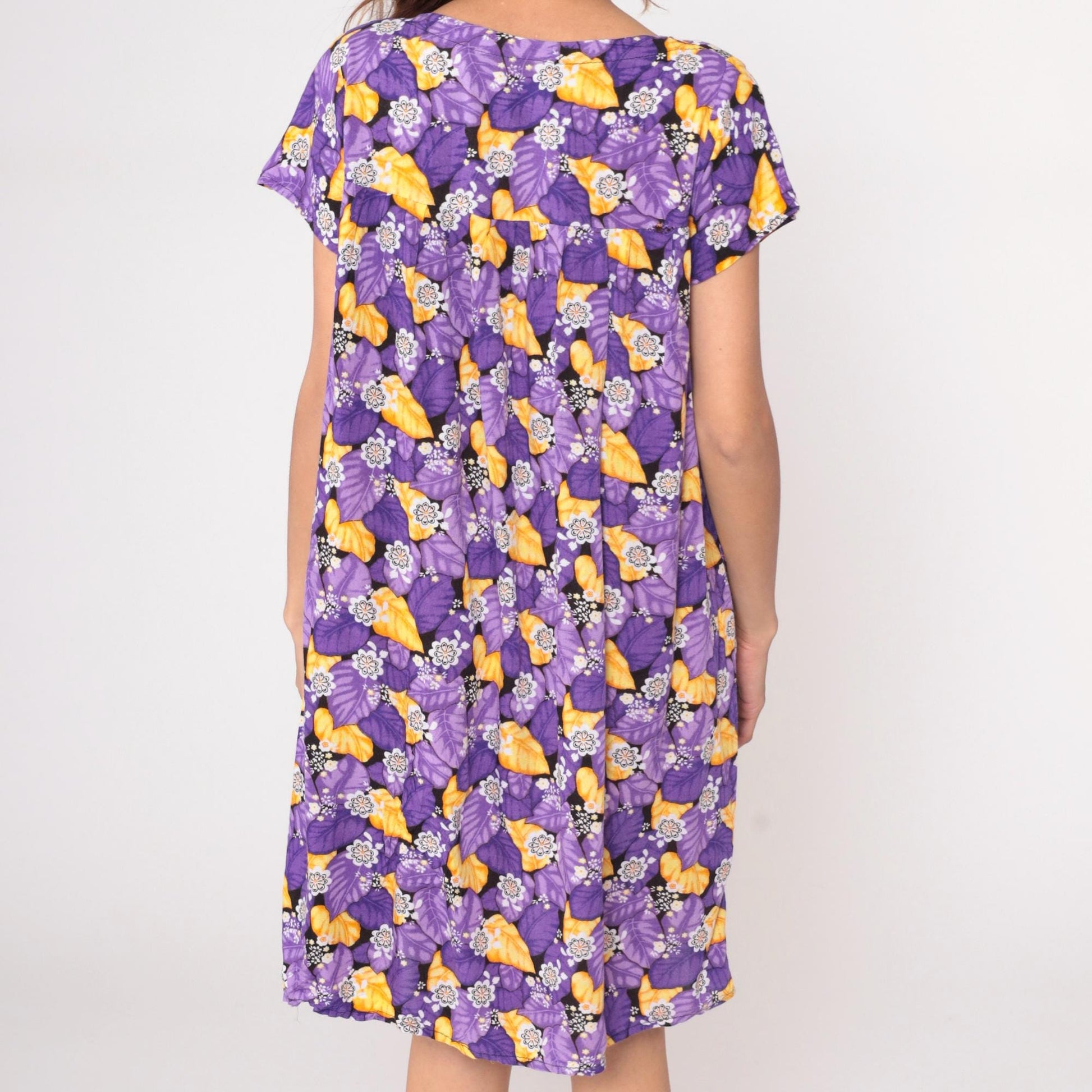 80s Purple Floral Rayon Shift Dress Rickrack Trim Yellow Flowers Large