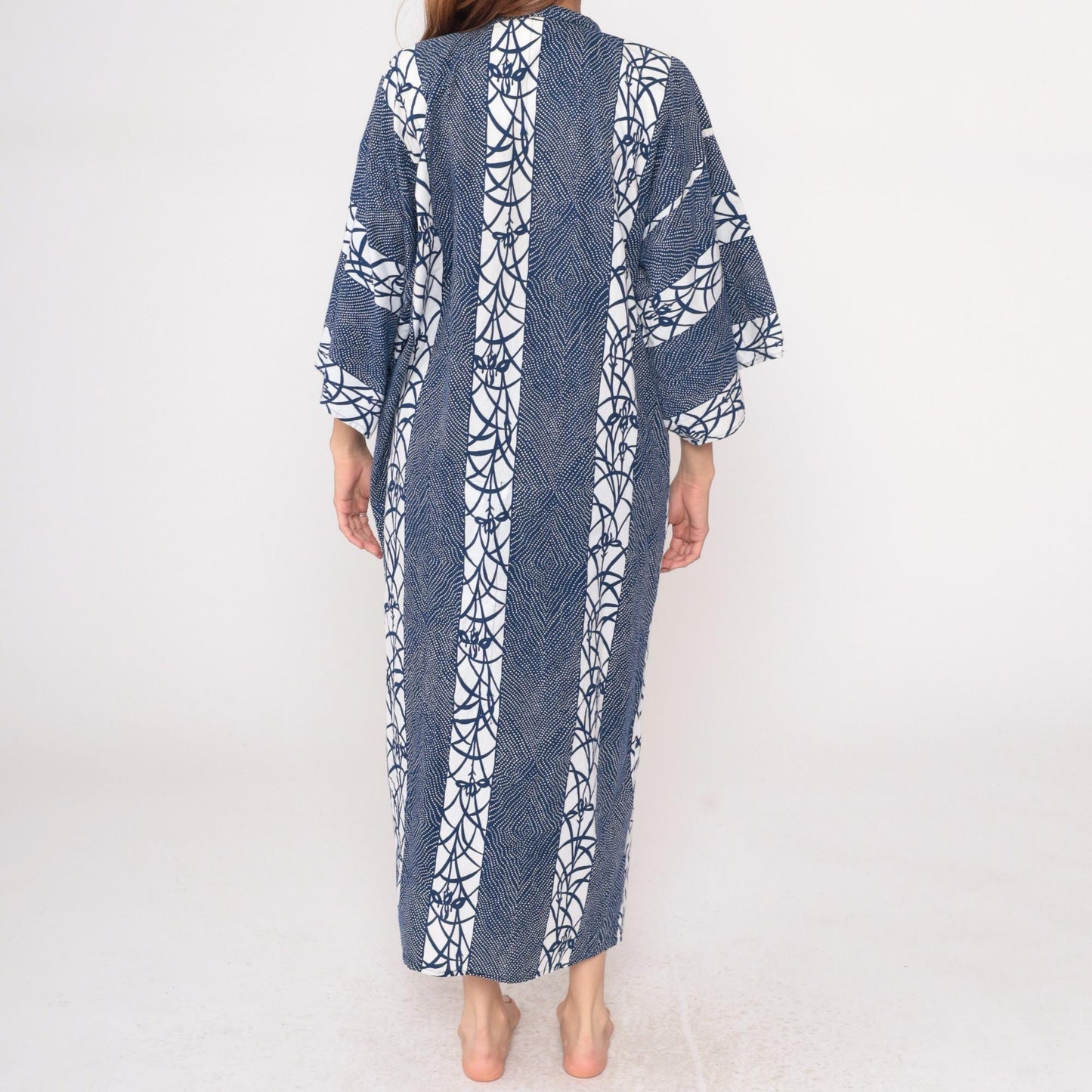 70s Navy Blue White Geometric Kimono Robe Maxi Cotton Wrap Large L