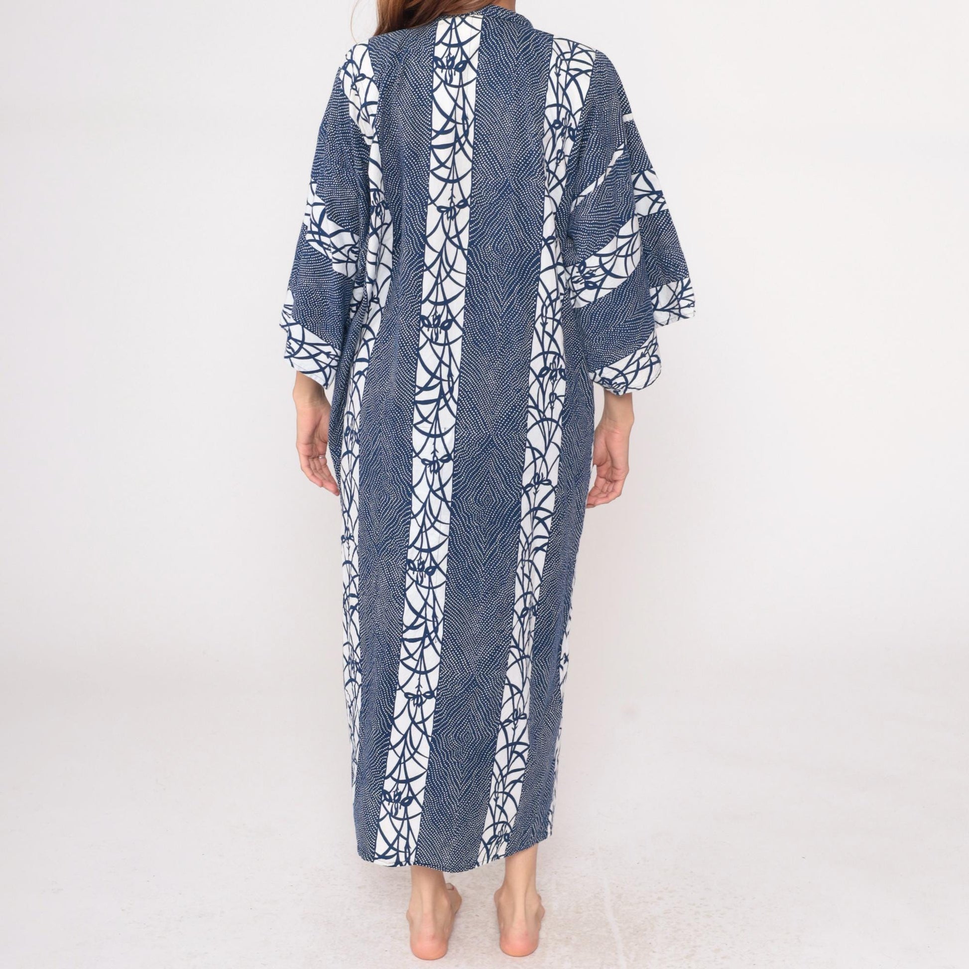 70s Navy Blue White Geometric Kimono Robe Maxi Cotton Wrap Large L