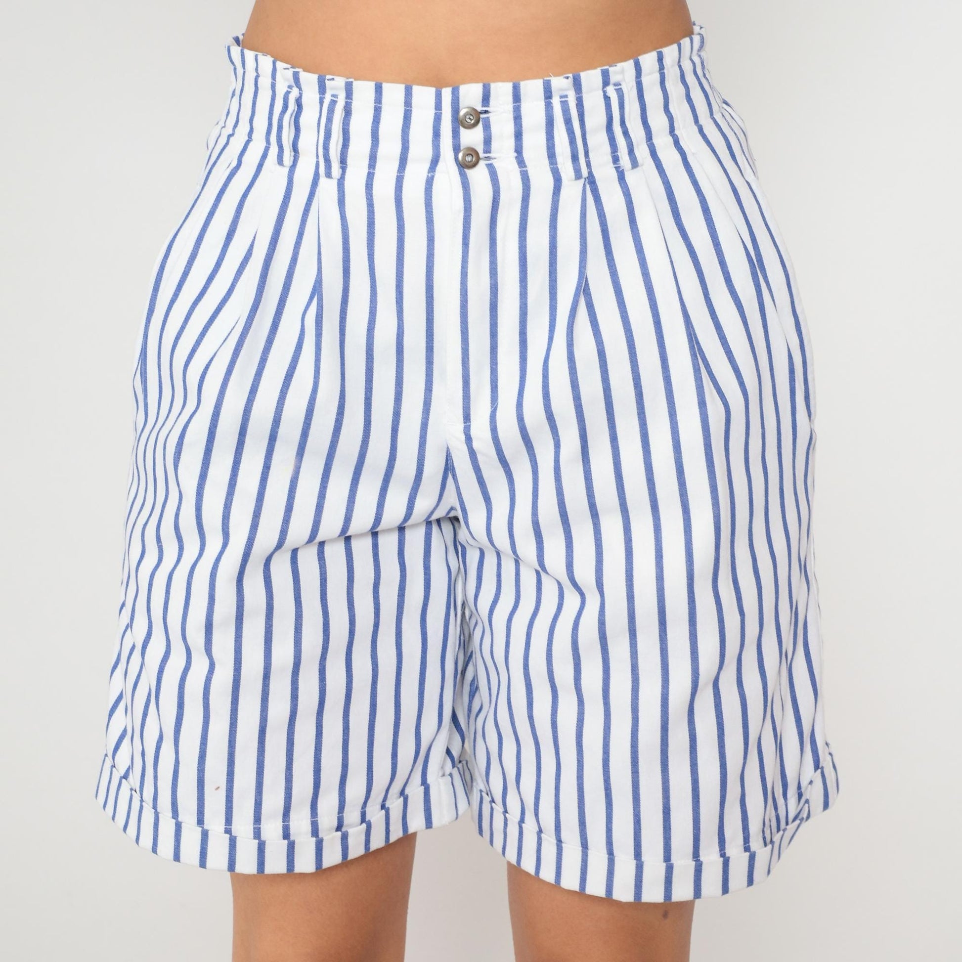 90s Liz Sport High-Waisted Striped Shorts Blue White Cotton Small