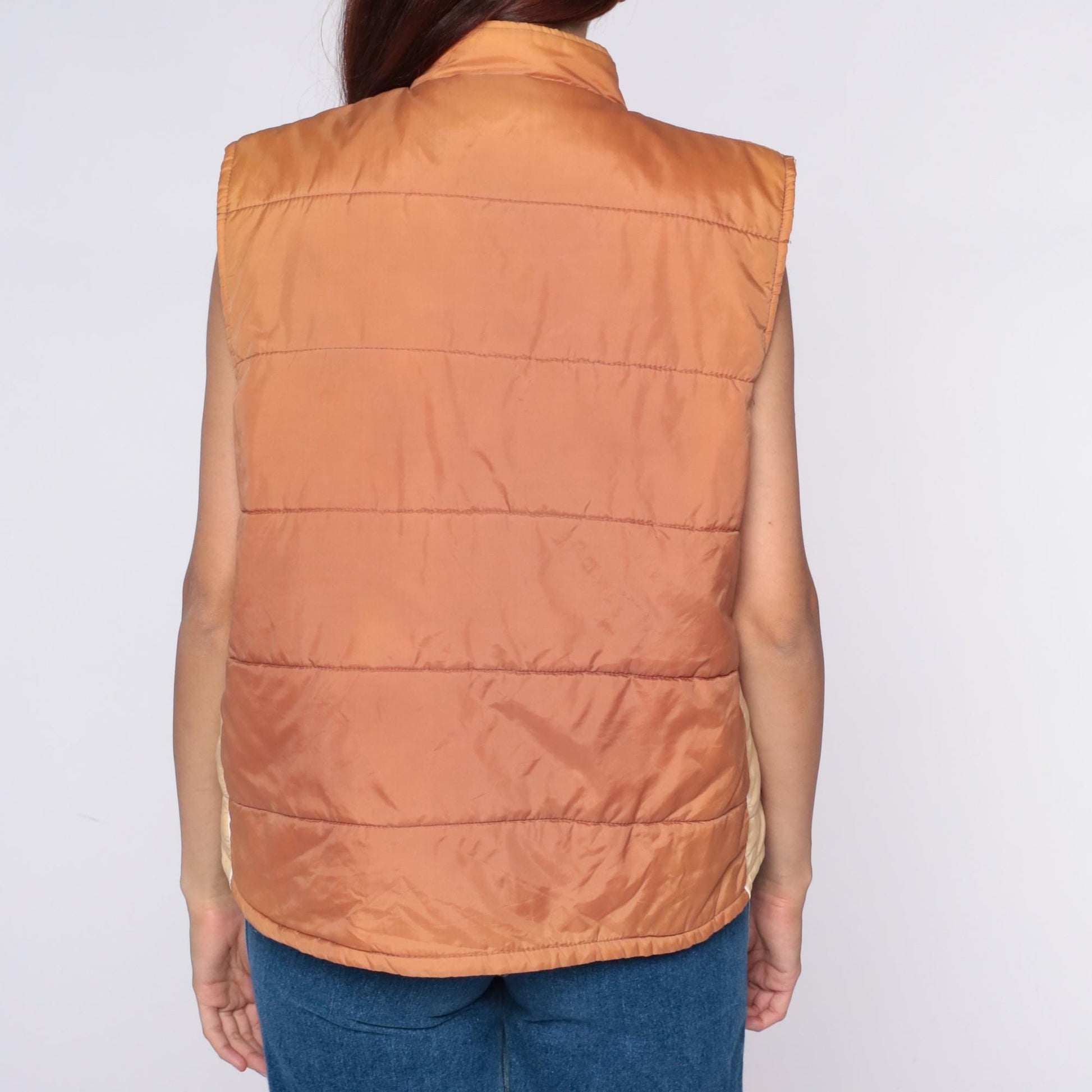 70s Sears Quilted Puffer Vest Peach Nylon Snap Closure Medium M