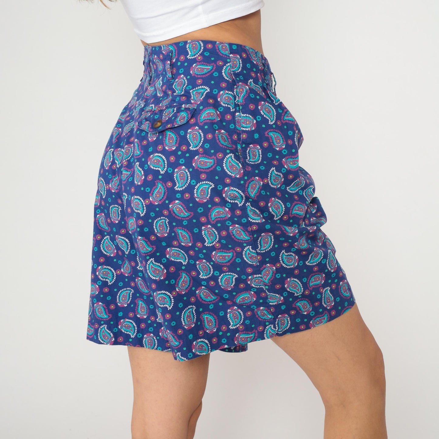 90s Liz Sport Paisley Shorts High Waisted Cotton Navy Medium