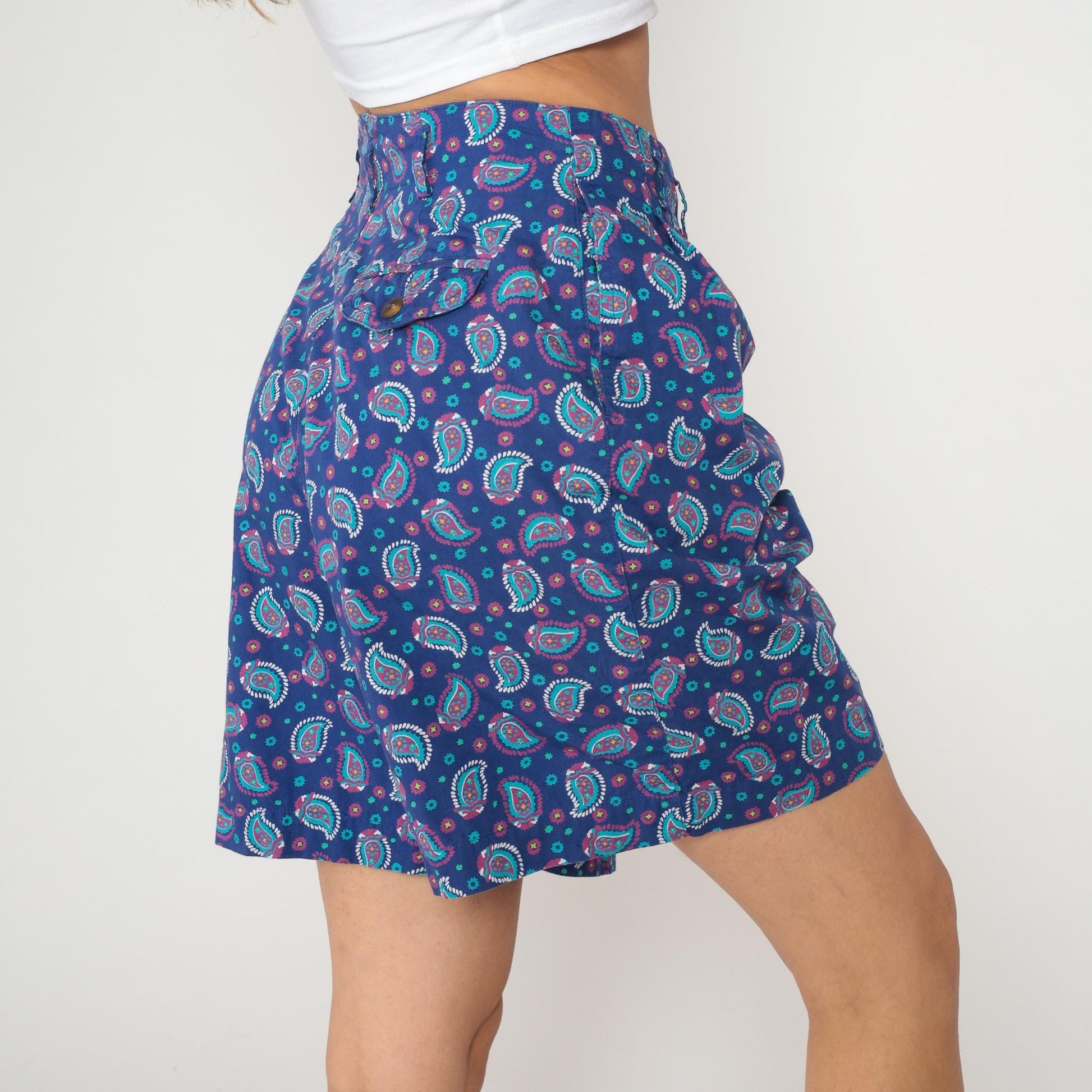 90s Liz Sport Paisley Shorts High Waisted Cotton Navy Medium