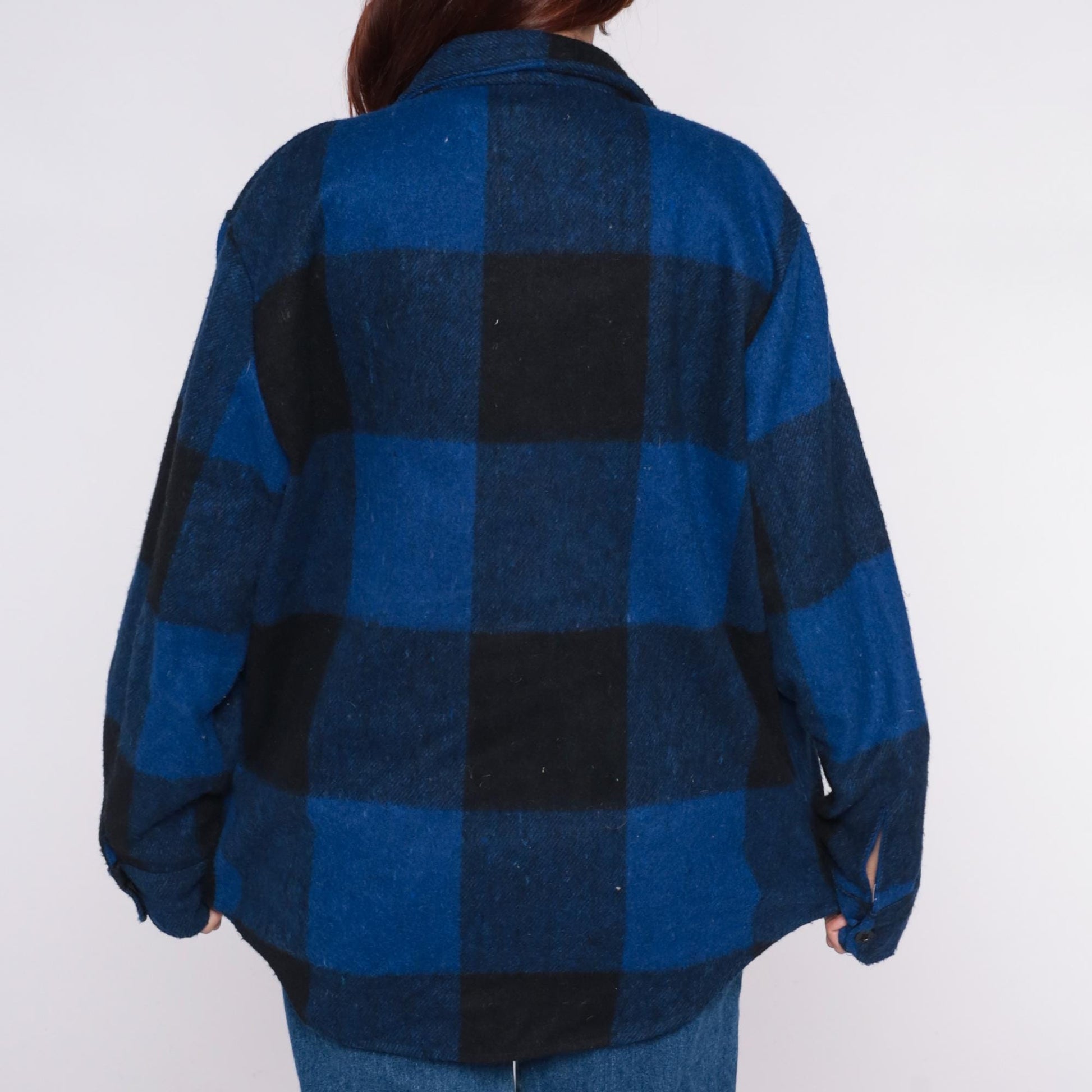 70s Bronzini Buffalo Plaid Flannel Shirt Wool Blend Blue Black Large