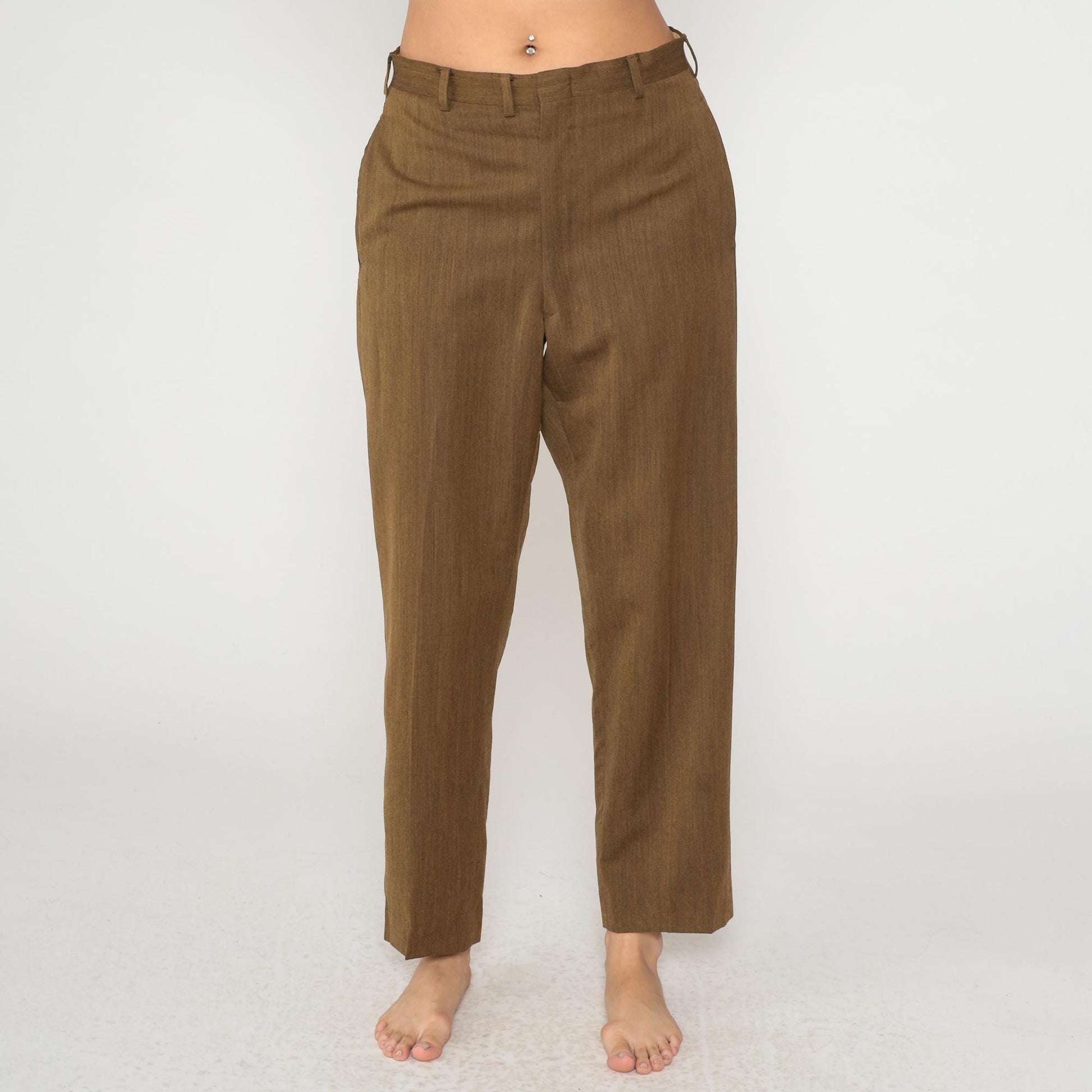 60s Brown High-Waist Straight-Leg Trousers Flat Front Tailored Medium