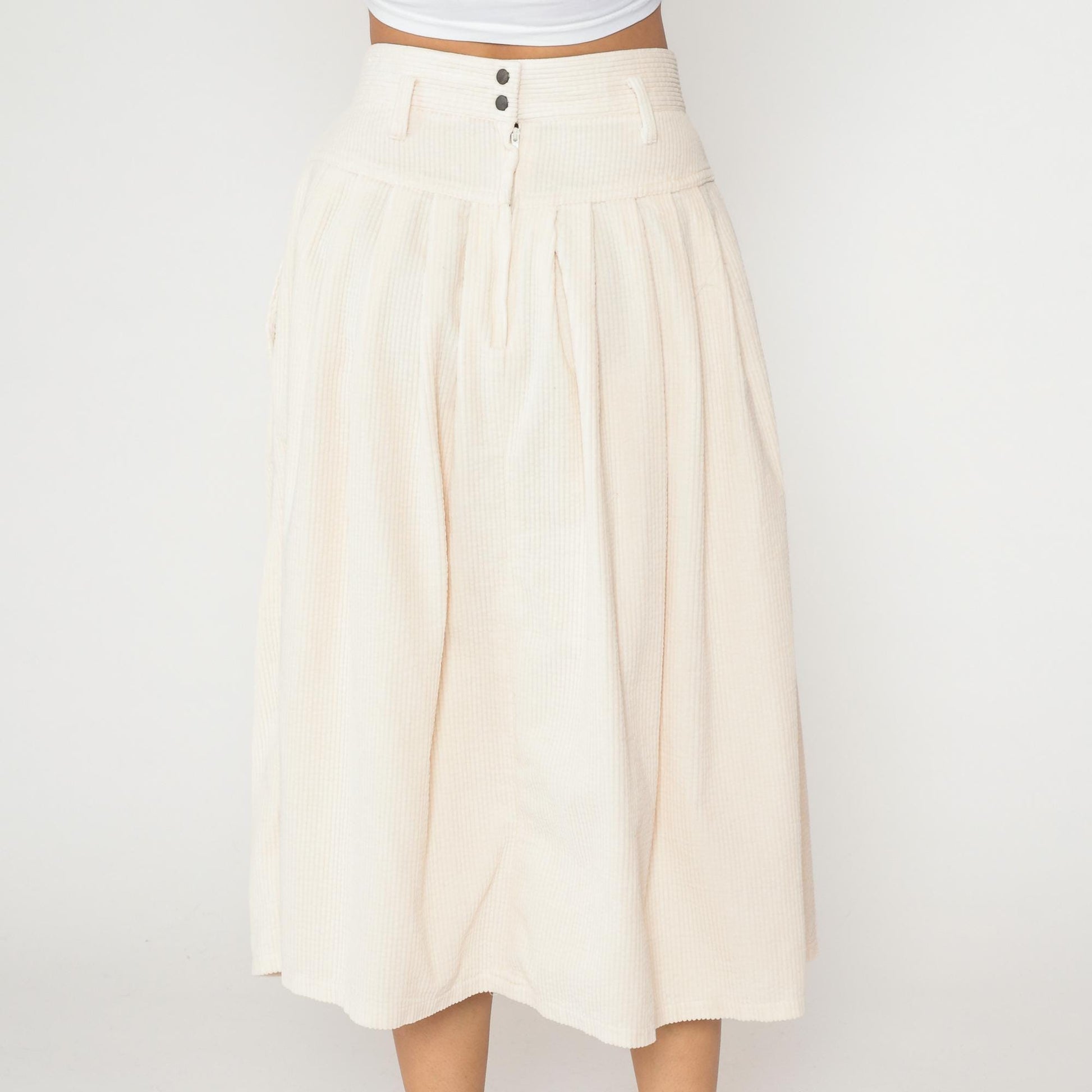 90s Boundary Waters Cream Corduroy Pleated Skirt High Waist Knee Length Large