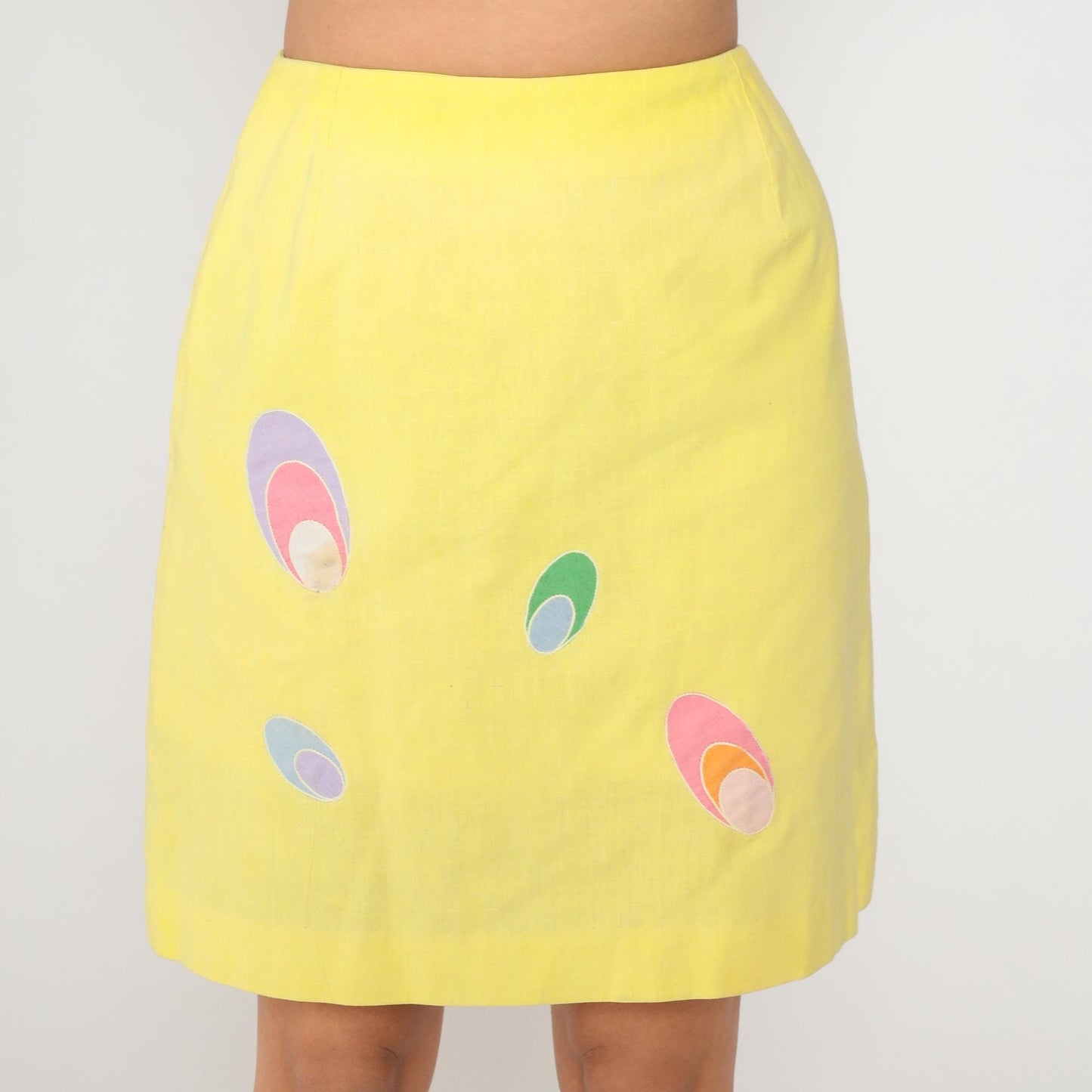 70s Yellow Mini Skirt Abstract Oval Pattern A-Line Cotton Small S