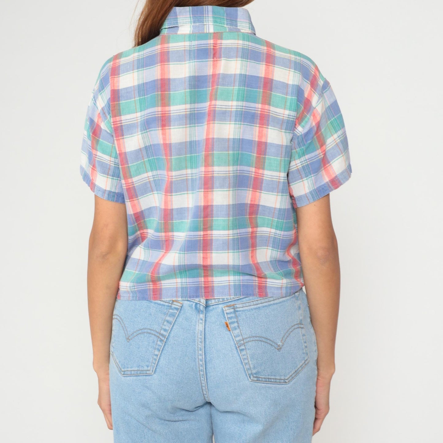 90s Sorrel Plaid Cropped Shirt Cotton Blue Green Pink White Checkered Large