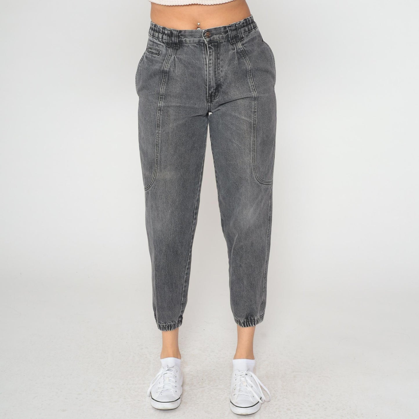 80s Apparatus Denim Joggers Gray Acid-Washed High-Waisted Tapered Ankle Cuff Medium