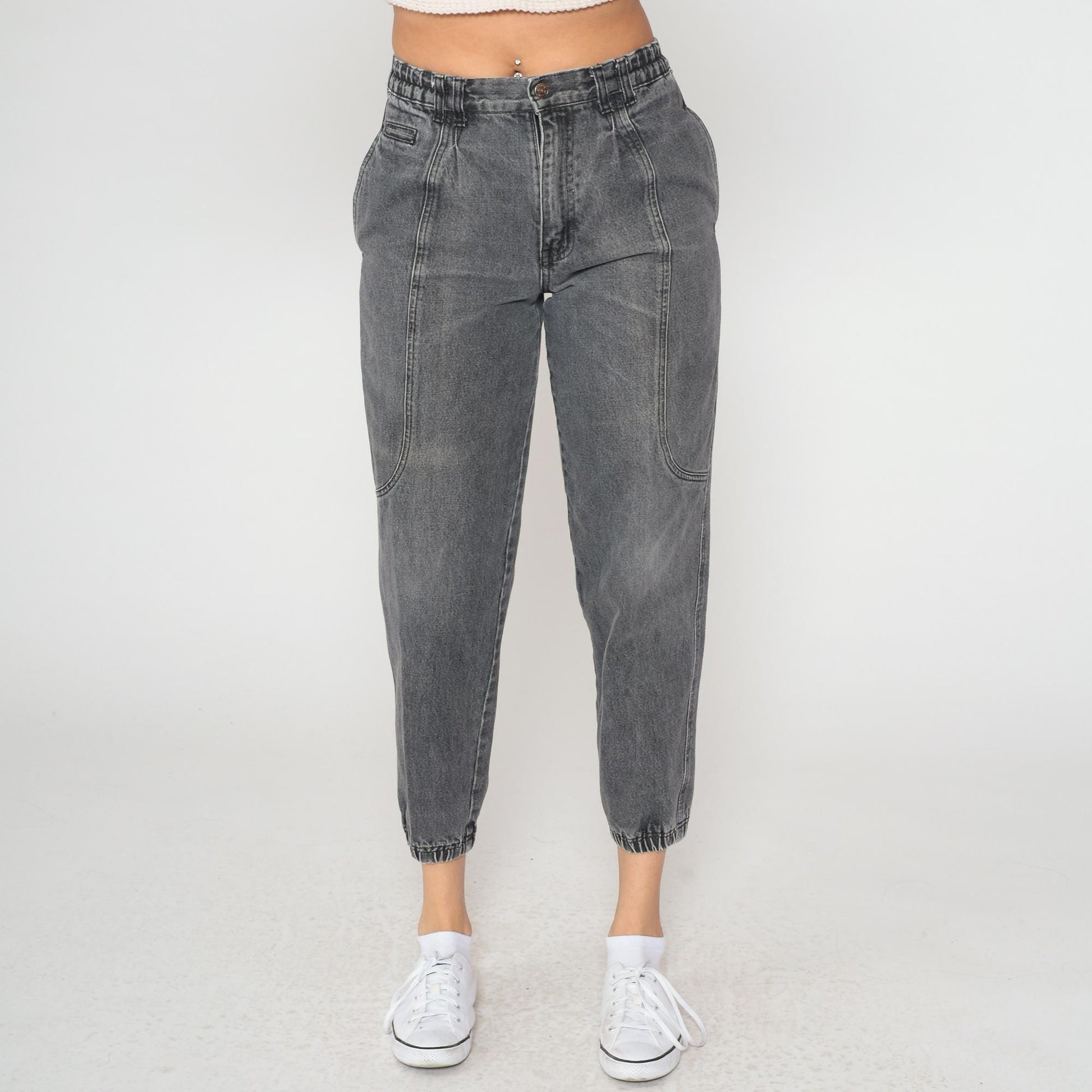 80s Apparatus Denim Joggers Gray Acid-Washed High-Waisted Tapered Ankle Cuff Medium
