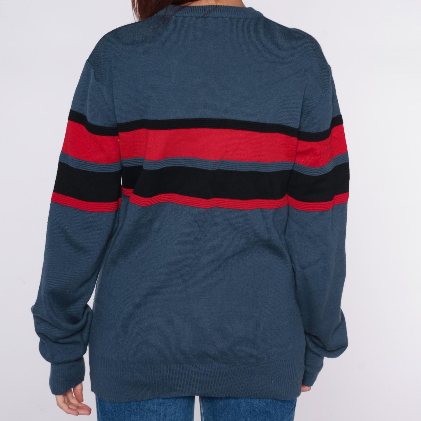 70s Meister Wool Sweater Striped Grey Red Black Crew Neck Extra Large XL