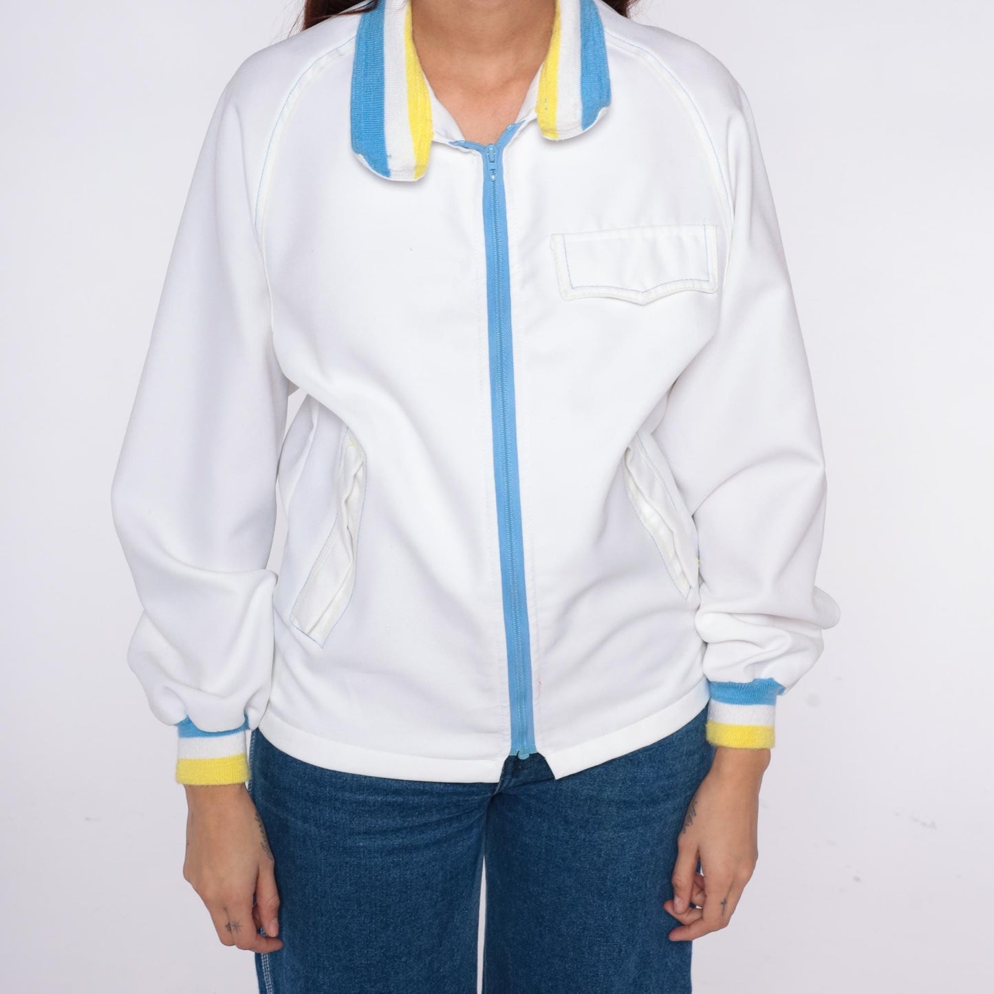 80s Sportsmaster Track Jacket White Windbreaker Blue Yellow Stripe Small