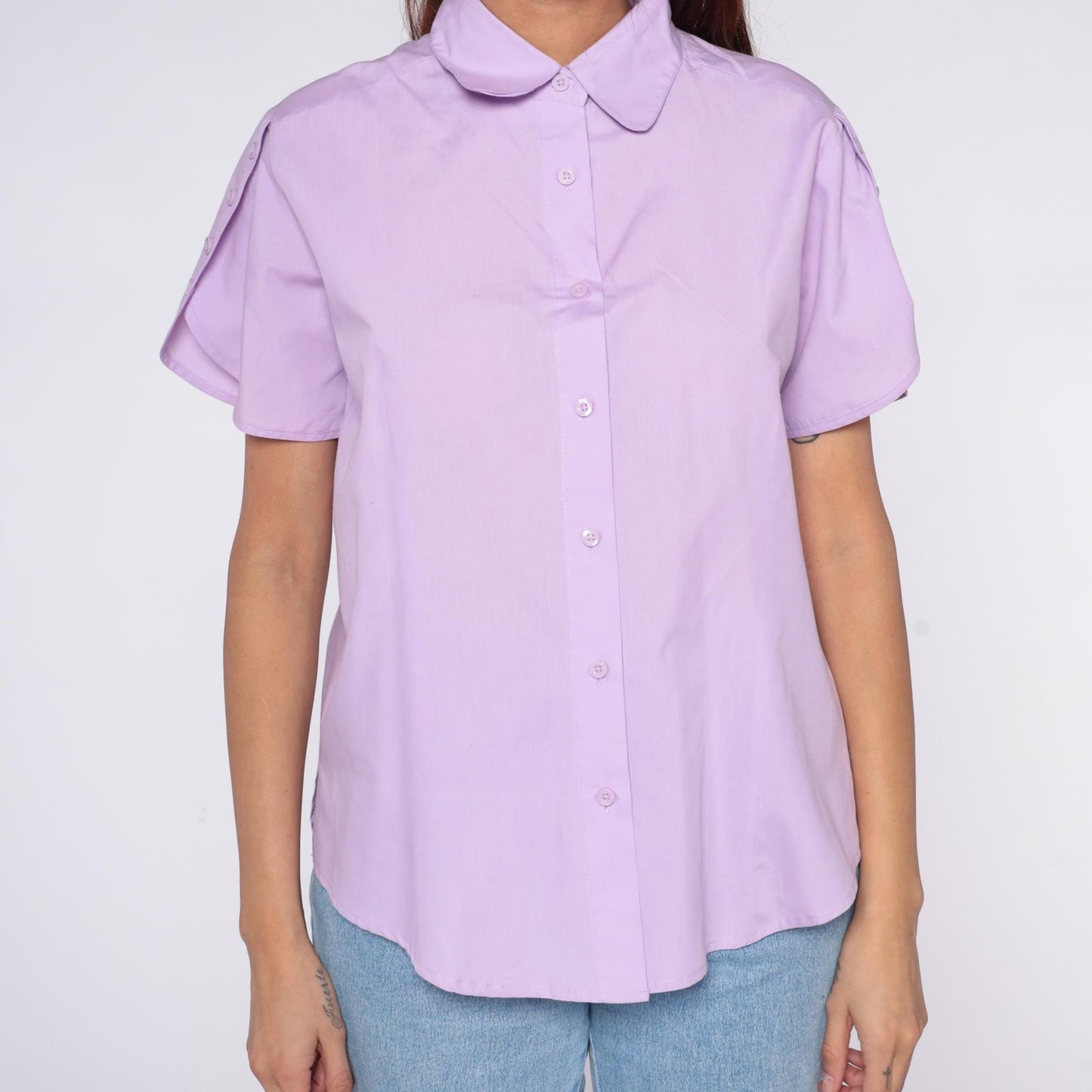 80s American Sweetheart Lavender Button Blouse Peter Pan Collar Medium M