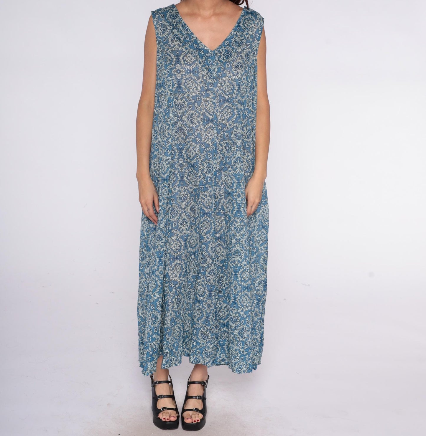 Y2K Coldwater Creek Blue Paisley Maxi Dress Plus Size Cotton V-Neck Sleeveless Extra Extra Large XXL