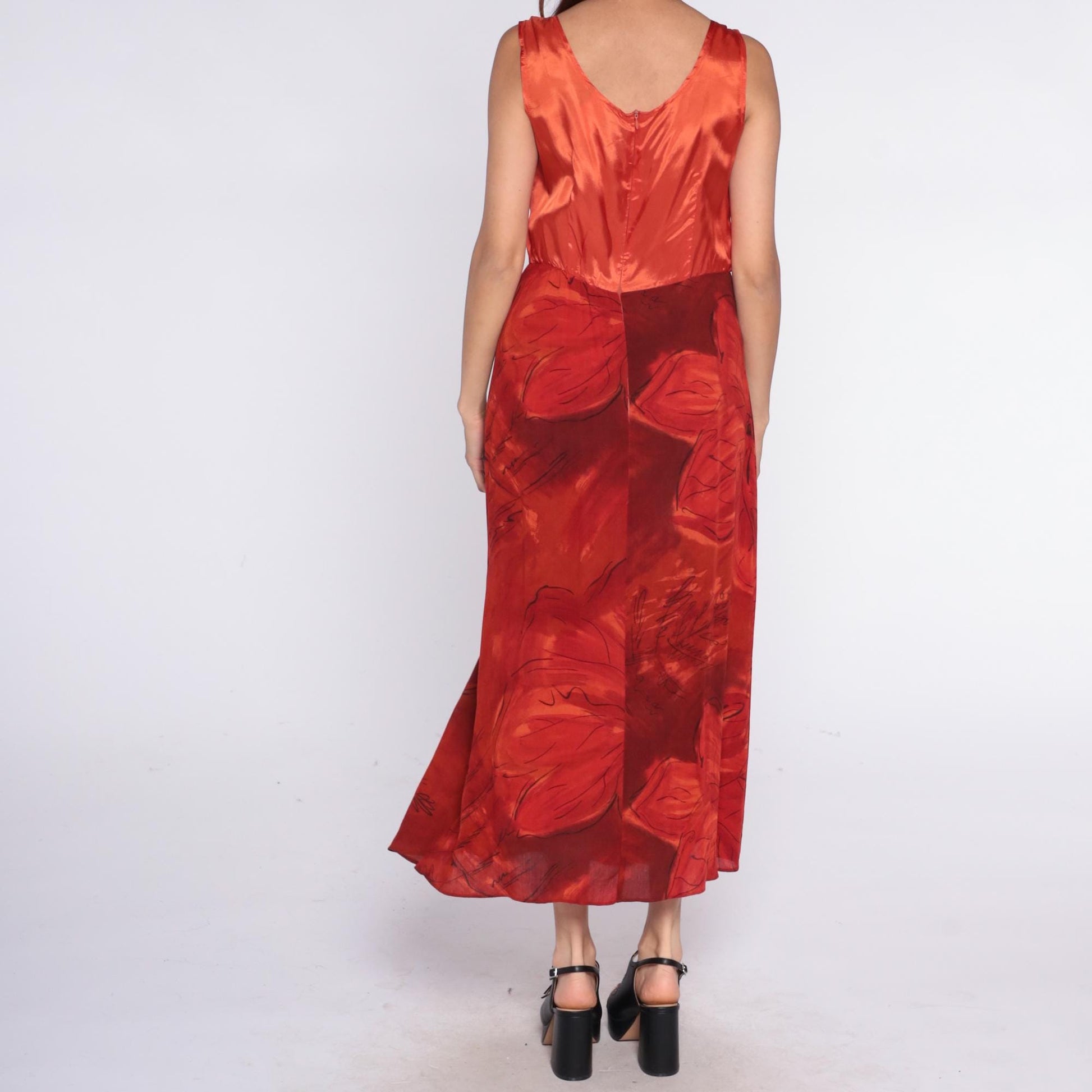 90s Positivity Attitude Red Floral Maxi Dress Sleeveless Rayon Large