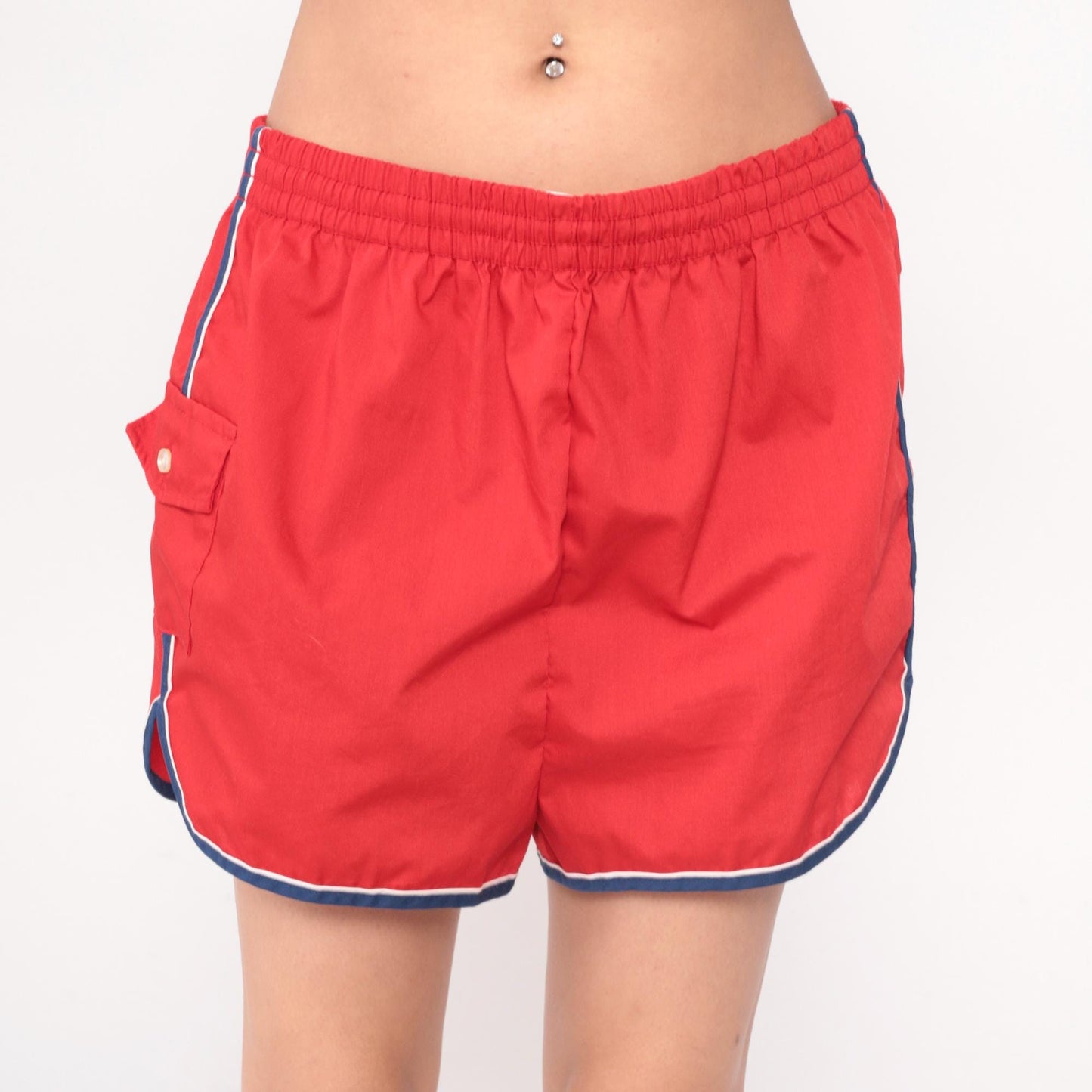 80s Red Jogging Shorts Navy Striped Trim Elastic Waistband Extra Large
