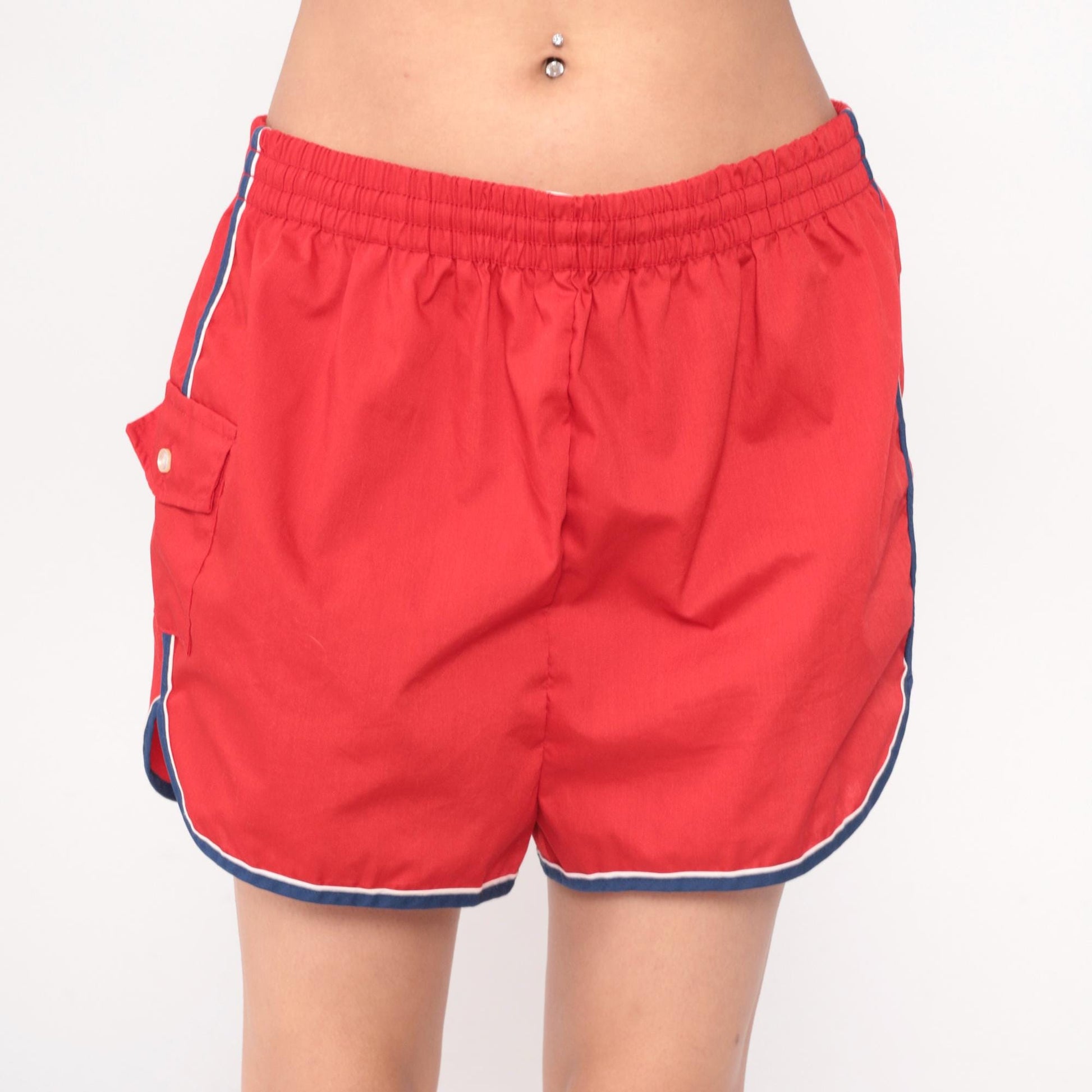 80s Red Jogging Shorts Navy Striped Trim Elastic Waistband Extra Large