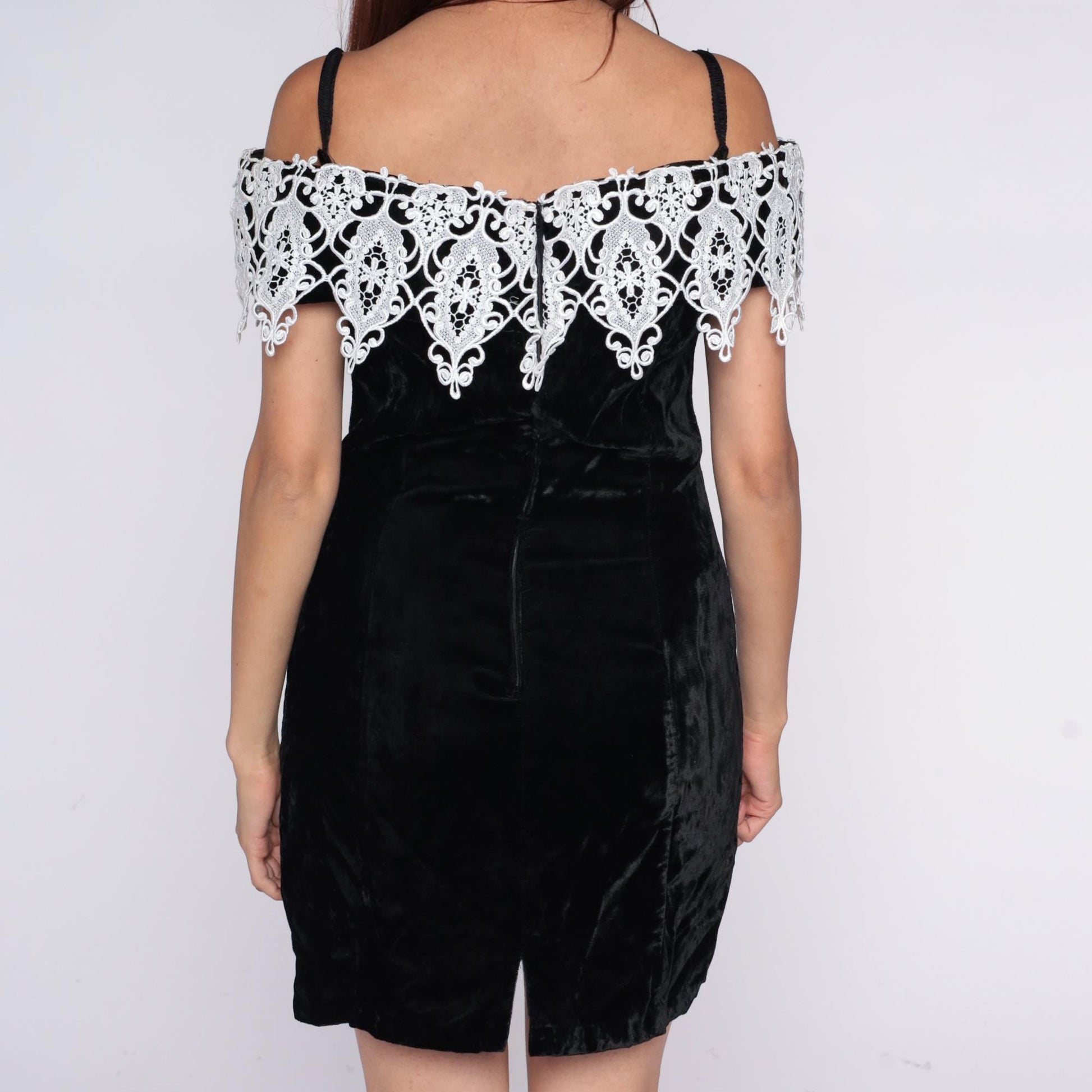 90s Black Velvet Mini Dress Off-Shoulder White Lace Trim Spaghetti Strap Medium M