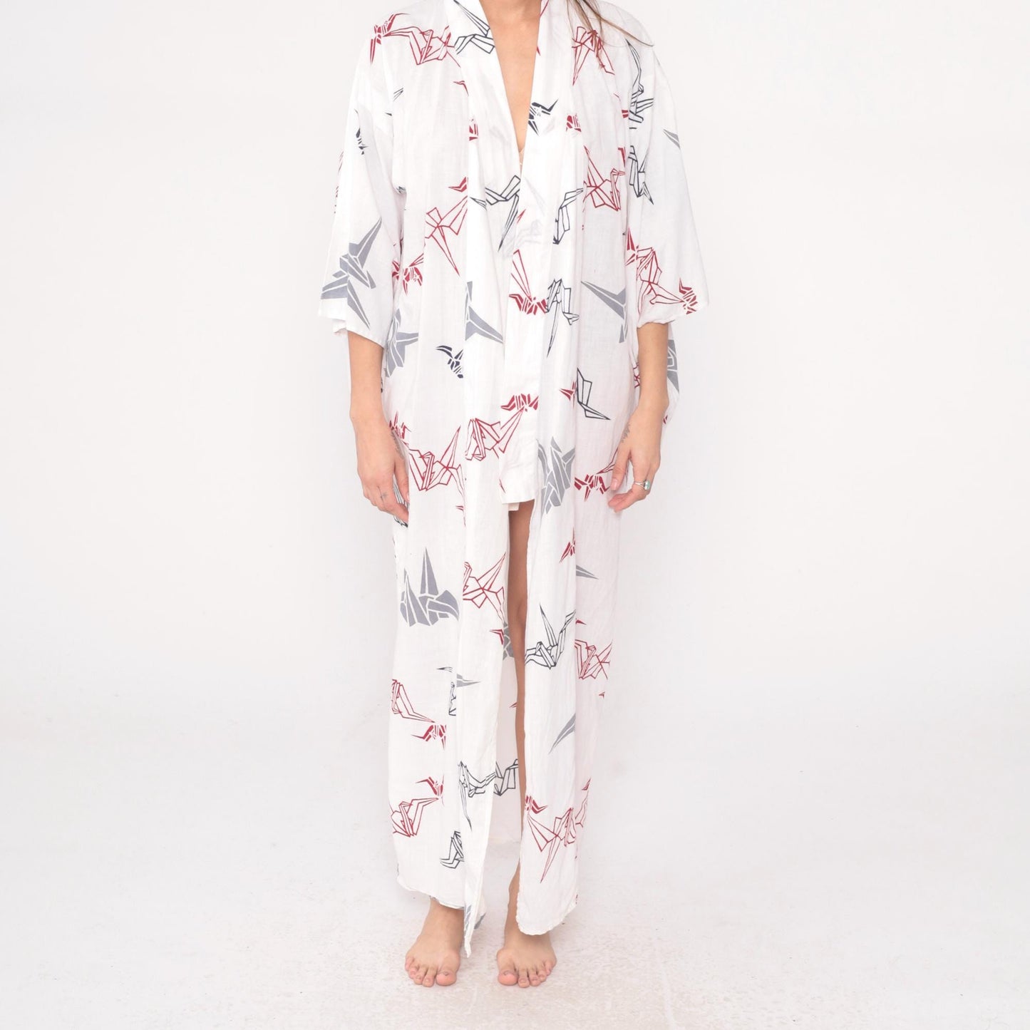 80s White Origami Crane Kimono Robe Maxi Cotton Duster Collared Large