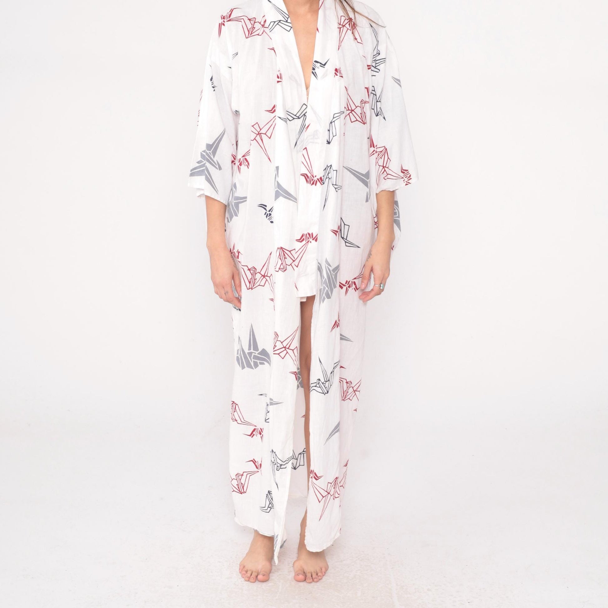80s White Origami Crane Kimono Robe Maxi Cotton Duster Collared Large